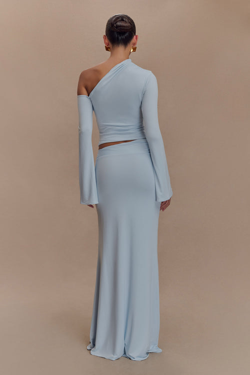 Ainsley Asymmetrical Maxi Skirt With Floral Hardware - Pale Blue