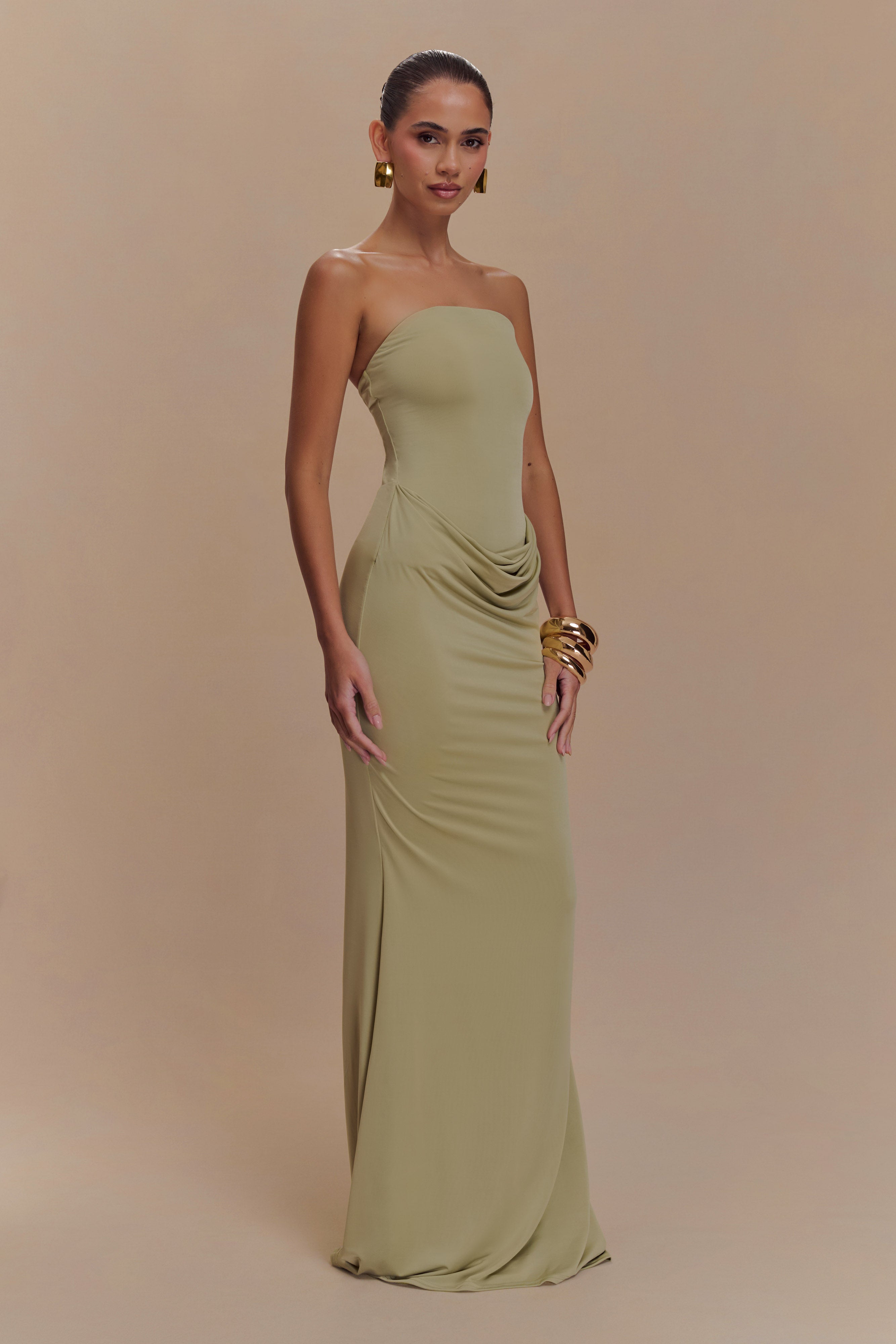 Madison Strapless Slinky Maxi Dress - Sage