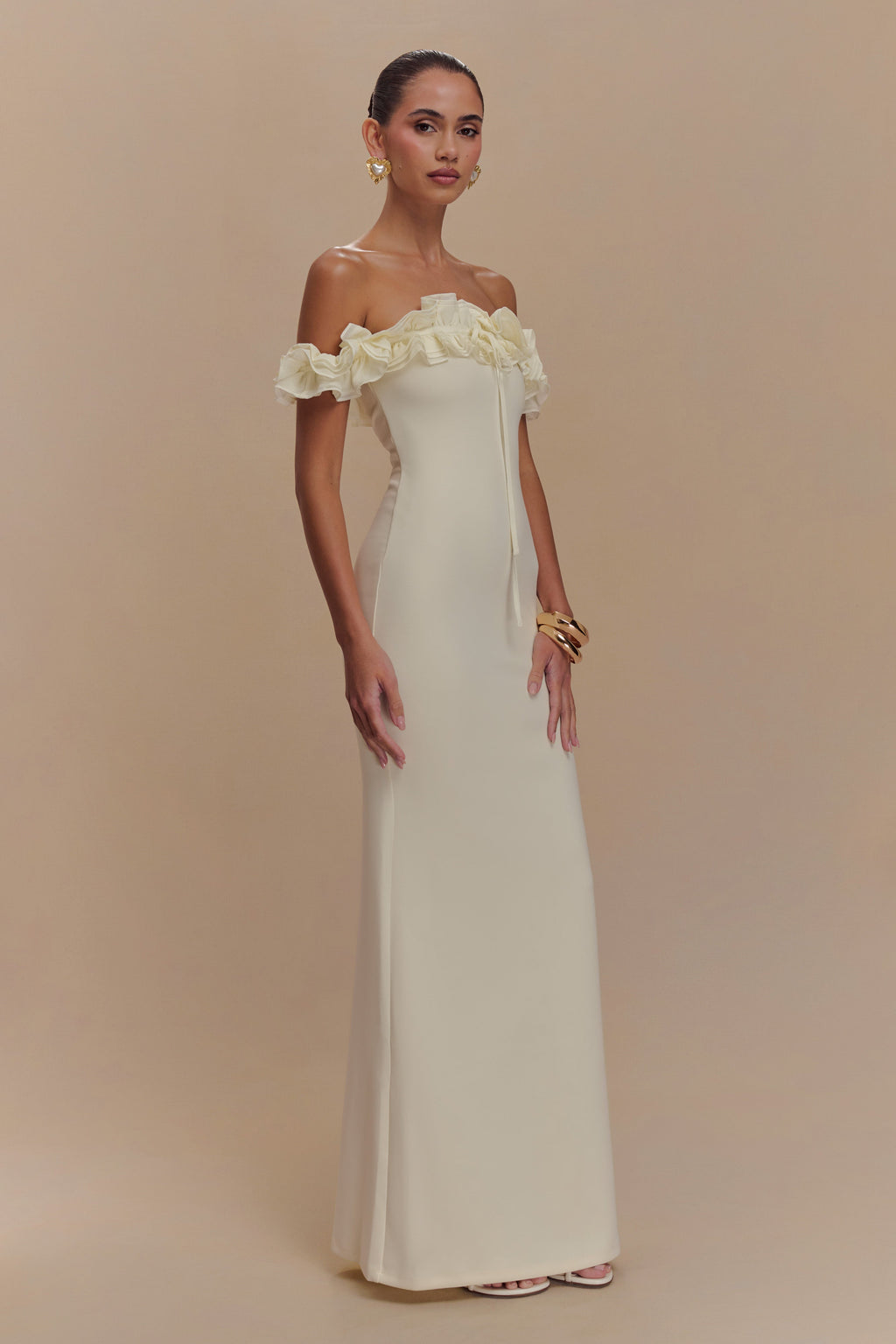 Nova Ruffle Off Shoulder Maxi Dress - Ivory