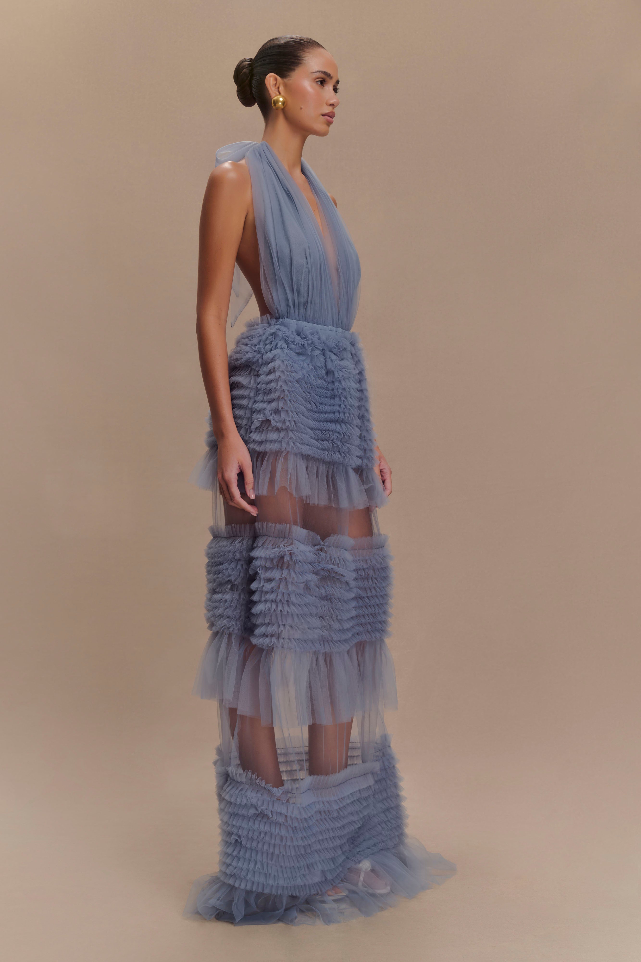 Minka Mesh Ruffle Halter Maxi Dress - Dusty Blue