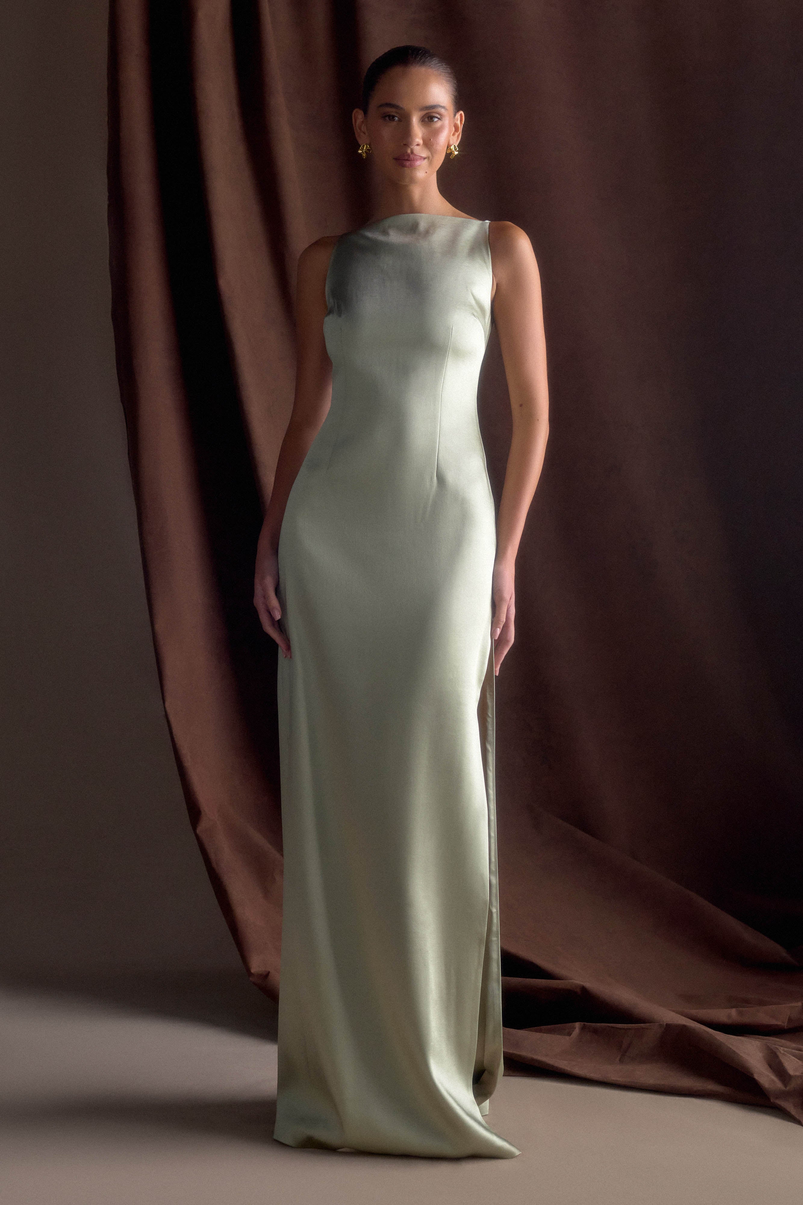 Violet Sleeveless Satin Maxi Dress - Sage