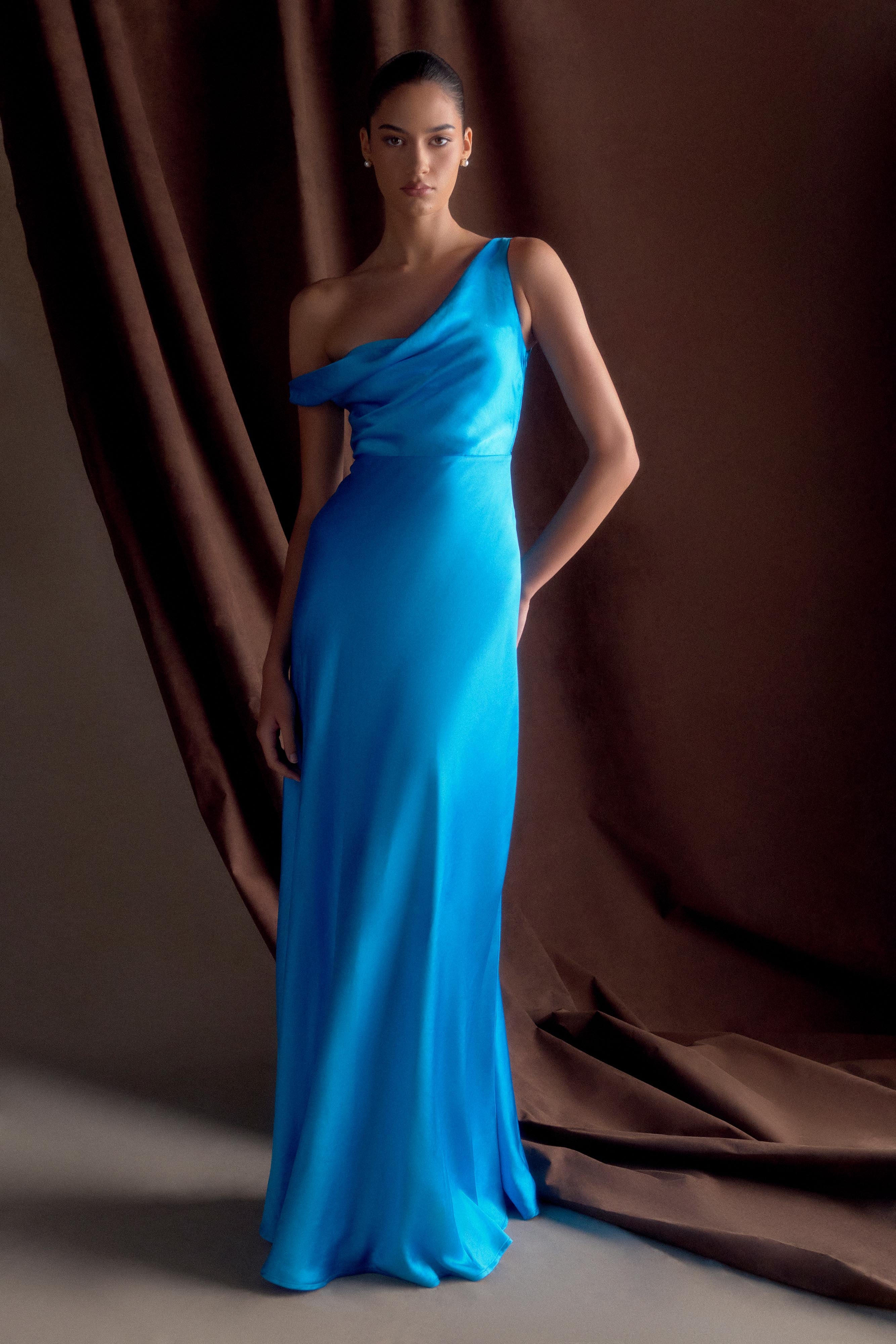 Jacinta One Shoulder Maxi Dress - Cyan Blue