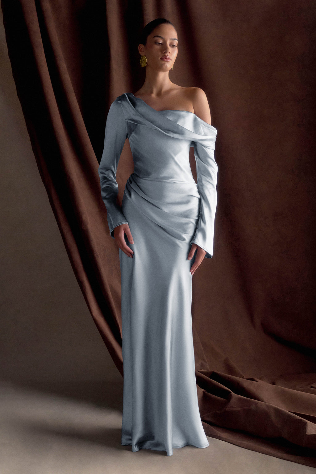 Iris Long Sleeve Satin Maxi Dress - Frosted Blue