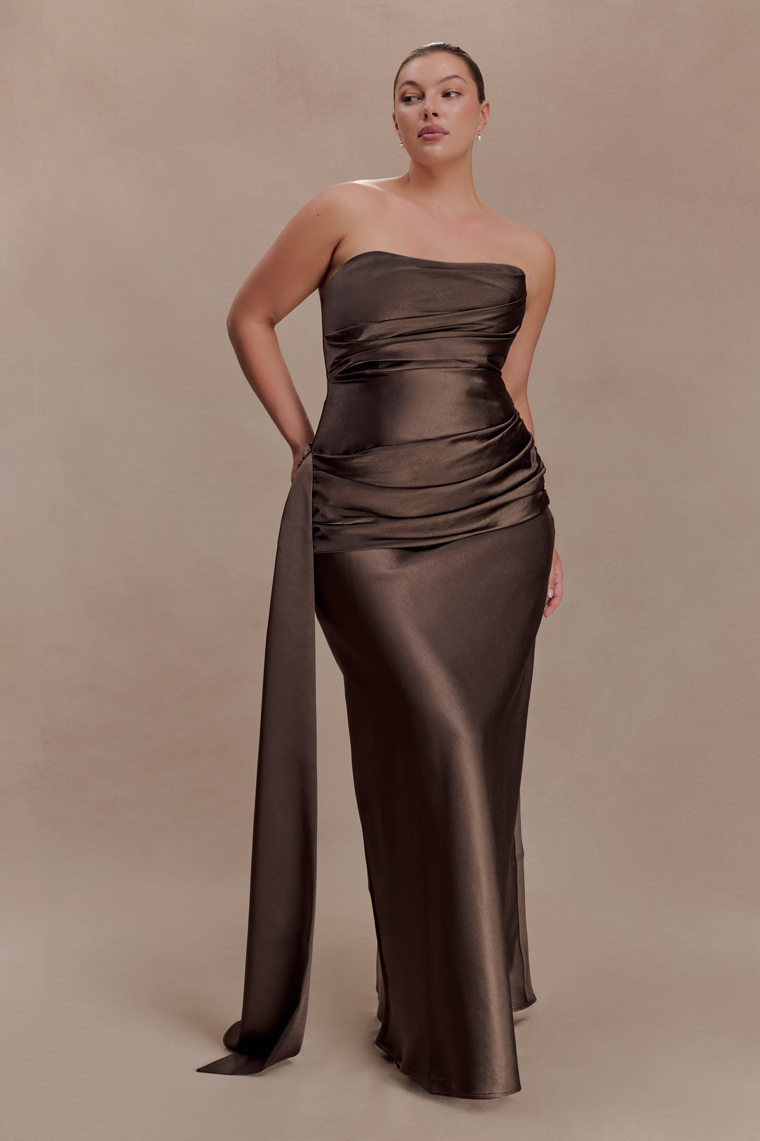 Sarah Strapless Maxi Dress With Waist Tie - Mocha