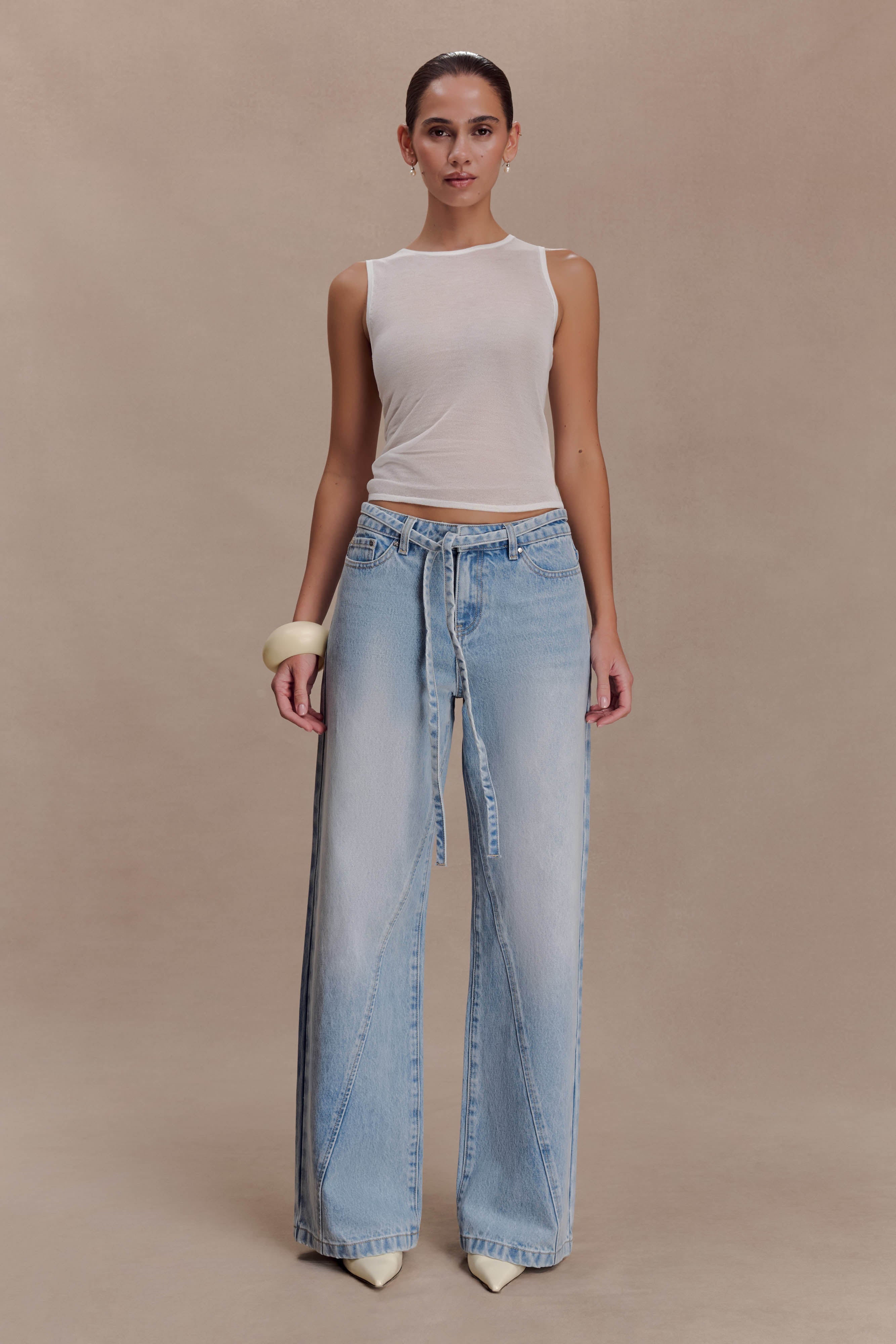 Perrie Mid Rise Straight Leg Tie Jeans - Washed Light Blue