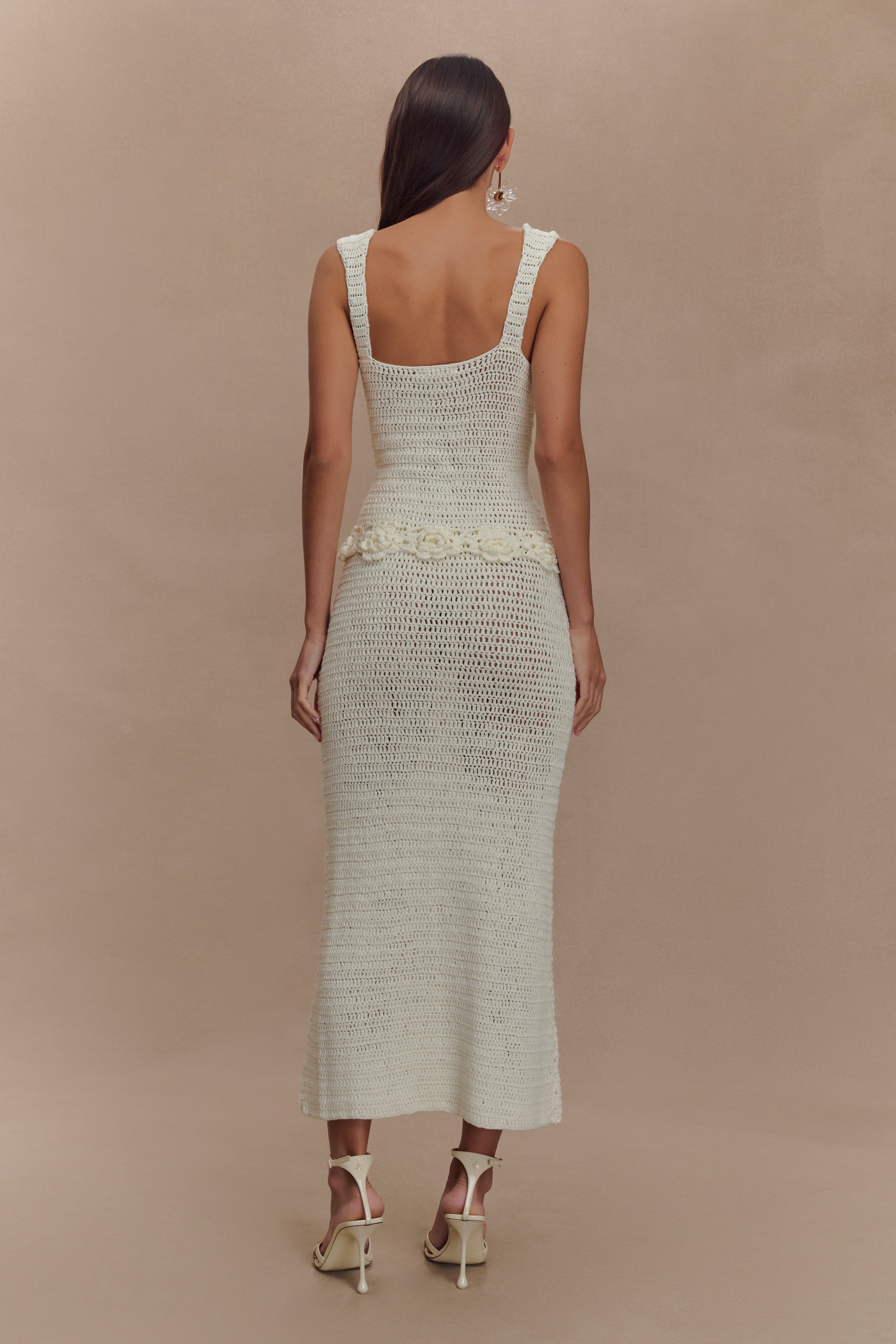 Teagan Floral Hand Crochet Midi Dress - Ivory