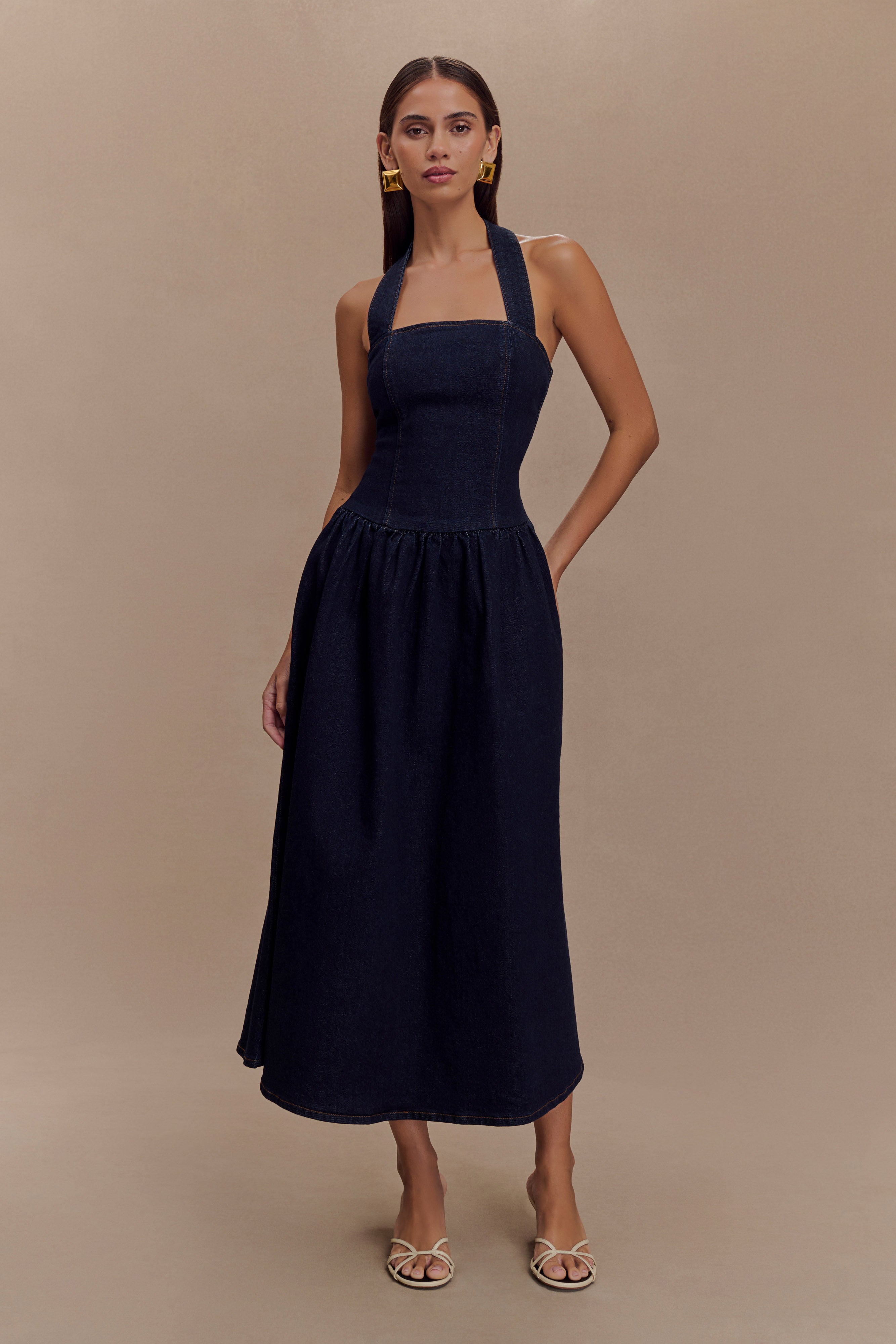 Caroline Denim Halter Midi Dress - Indigo Blue