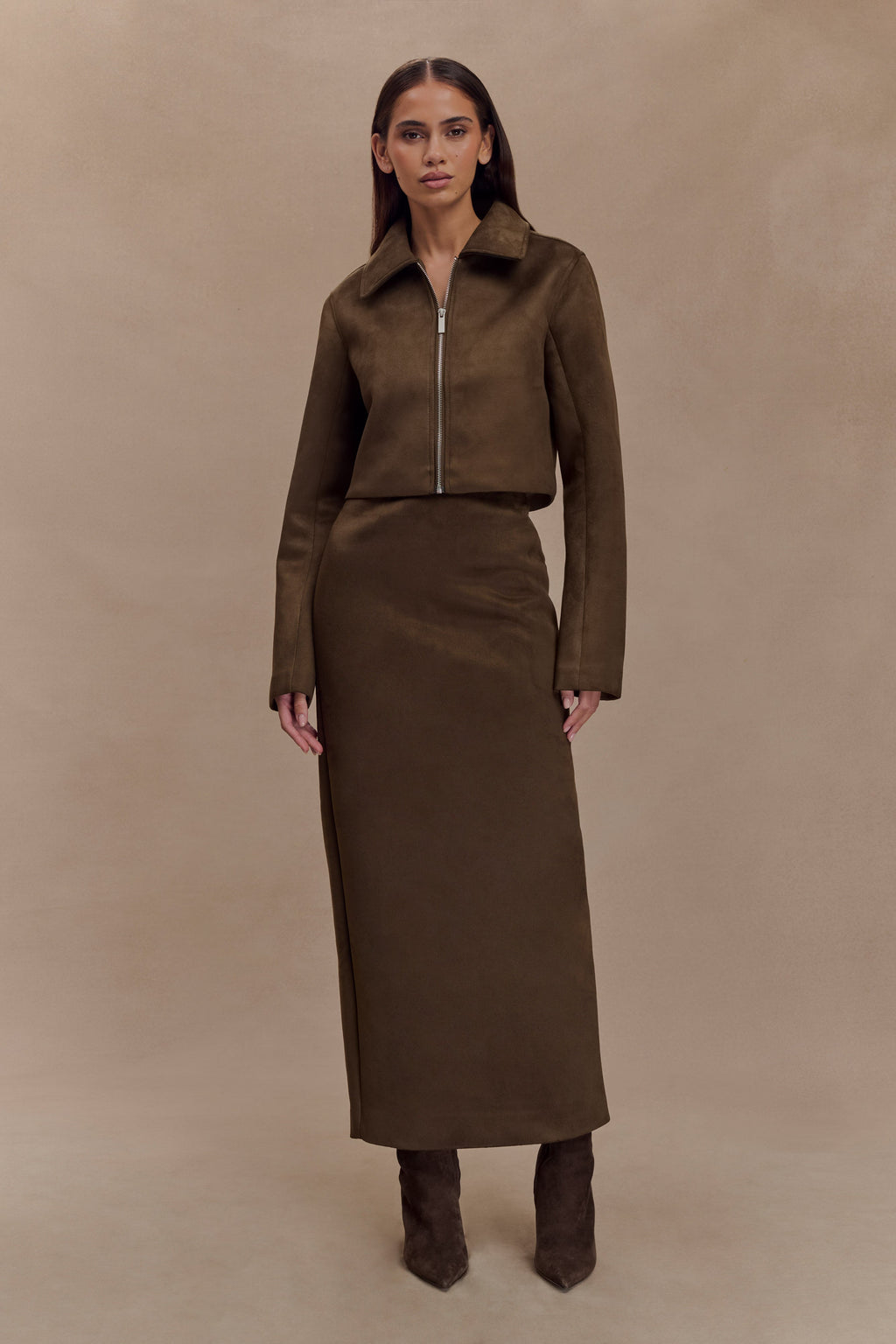 Hayes Faux Suede Collared Jacket - Chocolate
