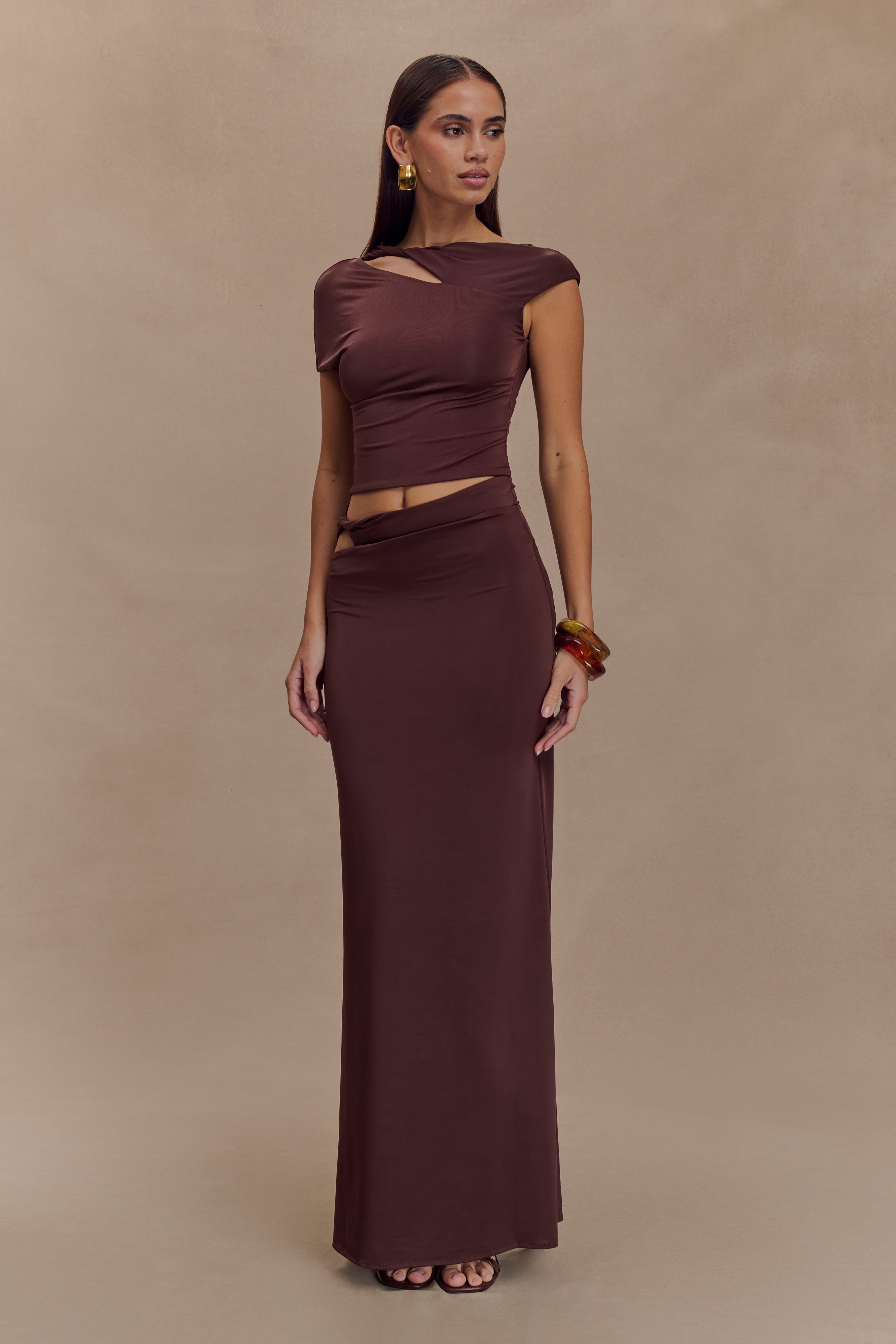 Haven Slinky Twist Midi Skirt - Chocolate