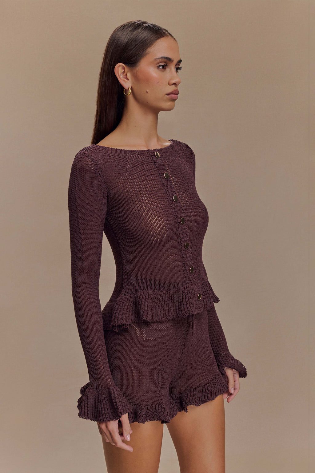 Eleanor Knit Frill Cardigan - Chocolate
