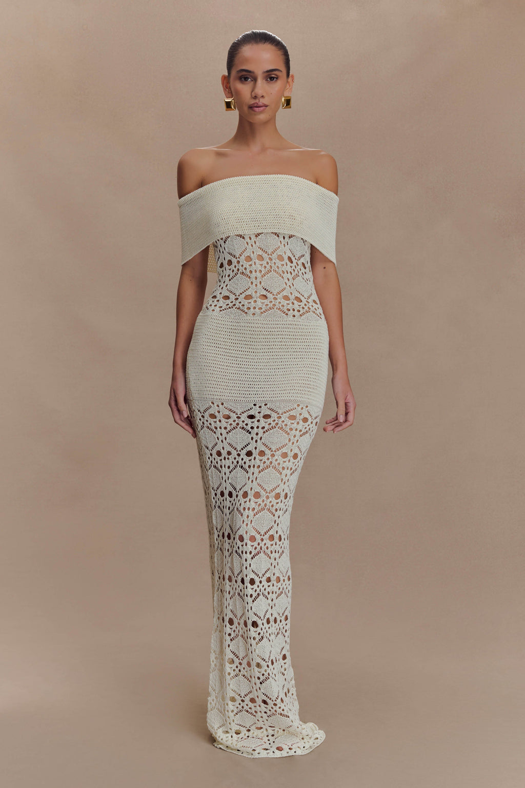 Solstice Off Shoulder Crochet Knit Maxi Dress - Ivory