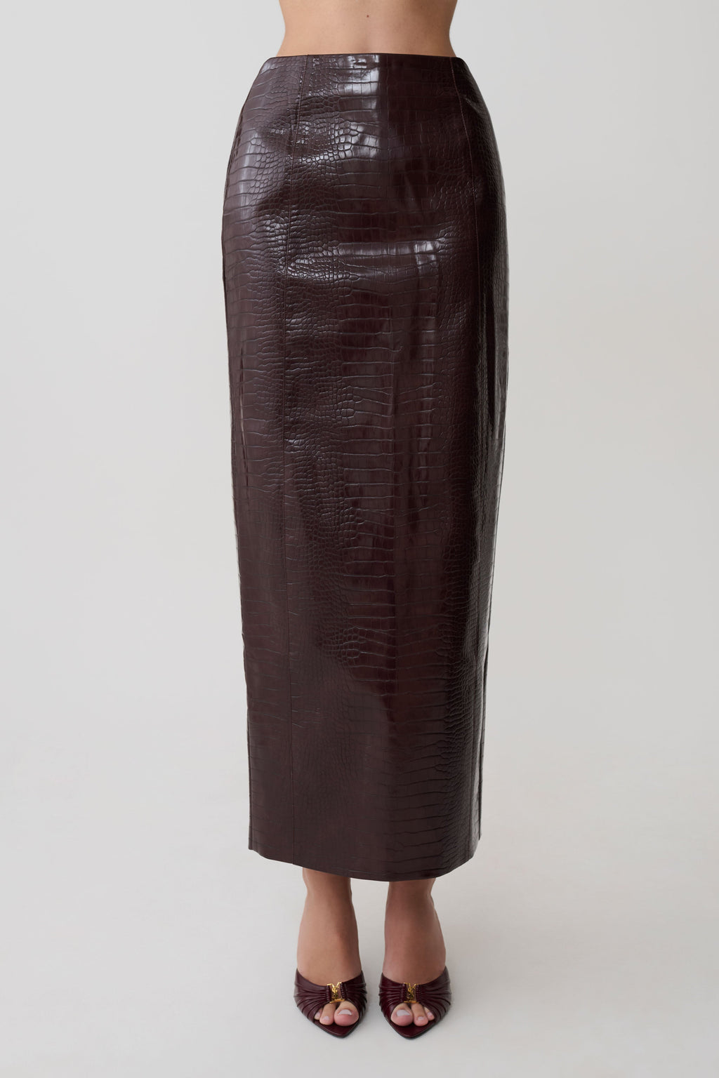 Thalia Croc Faux Leather Midi Skirt - Merlot