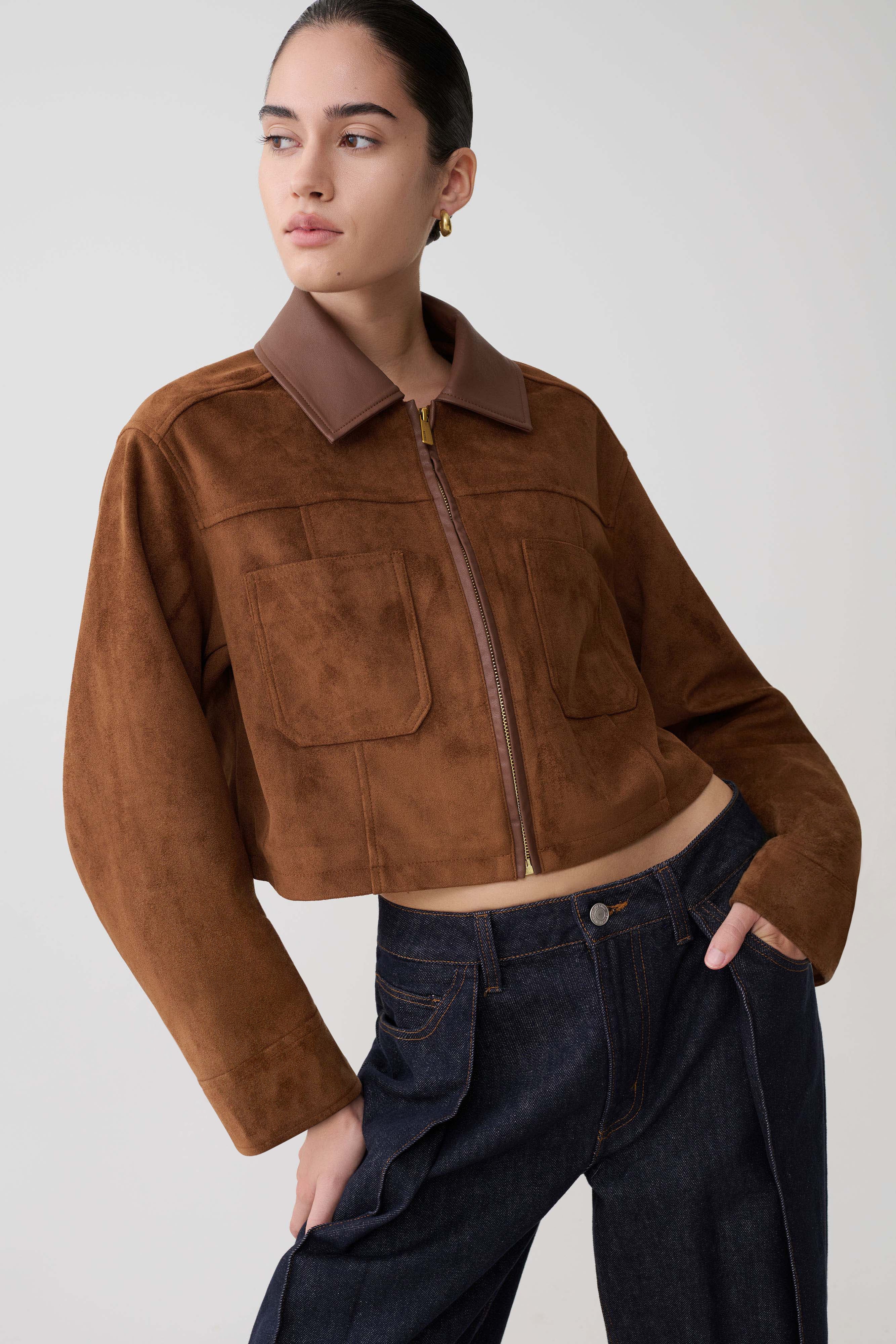 Remy Faux Suede & Leather Collared Jacket - Tan