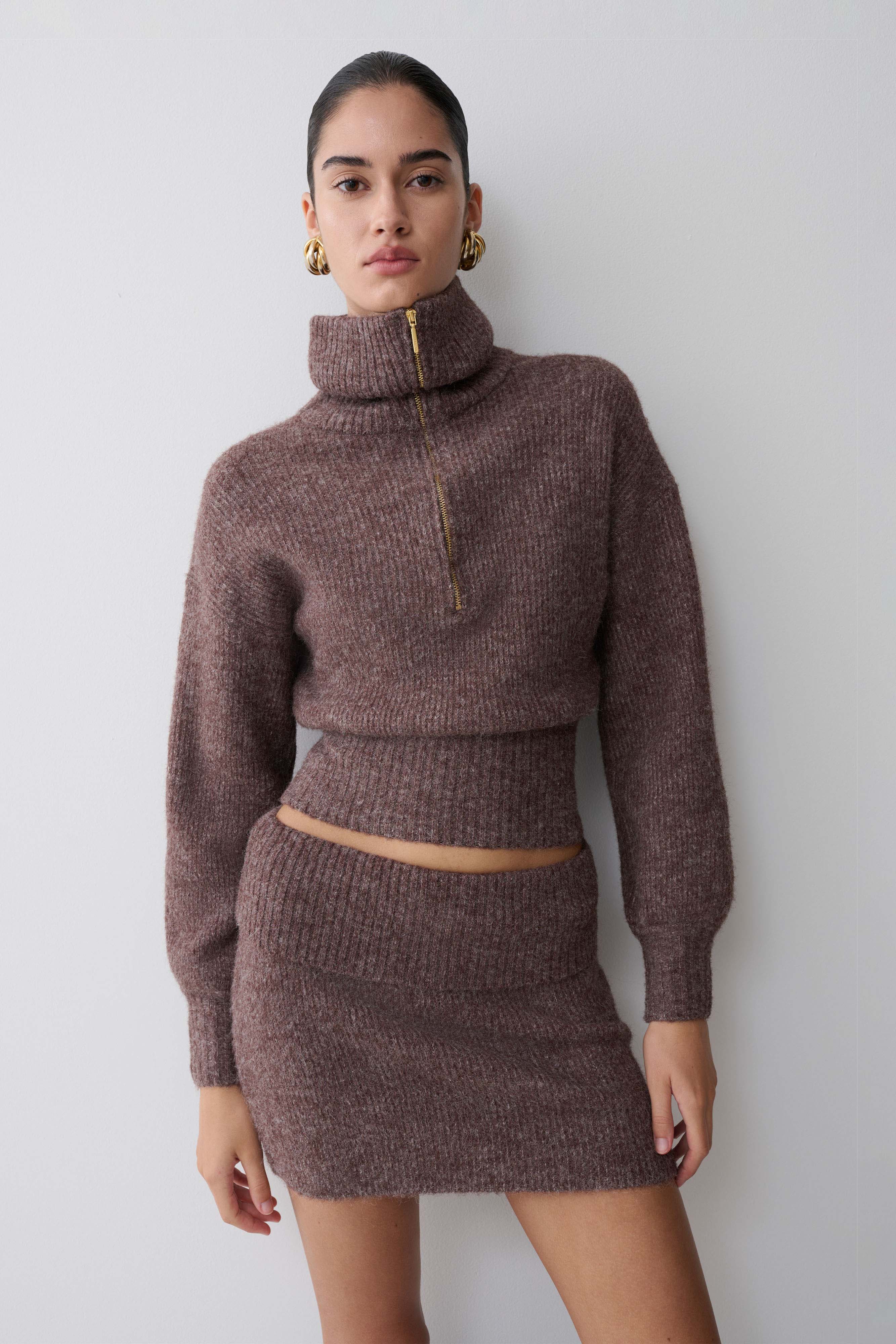 Skylaine Knit Mini Skirt - Brown Marle