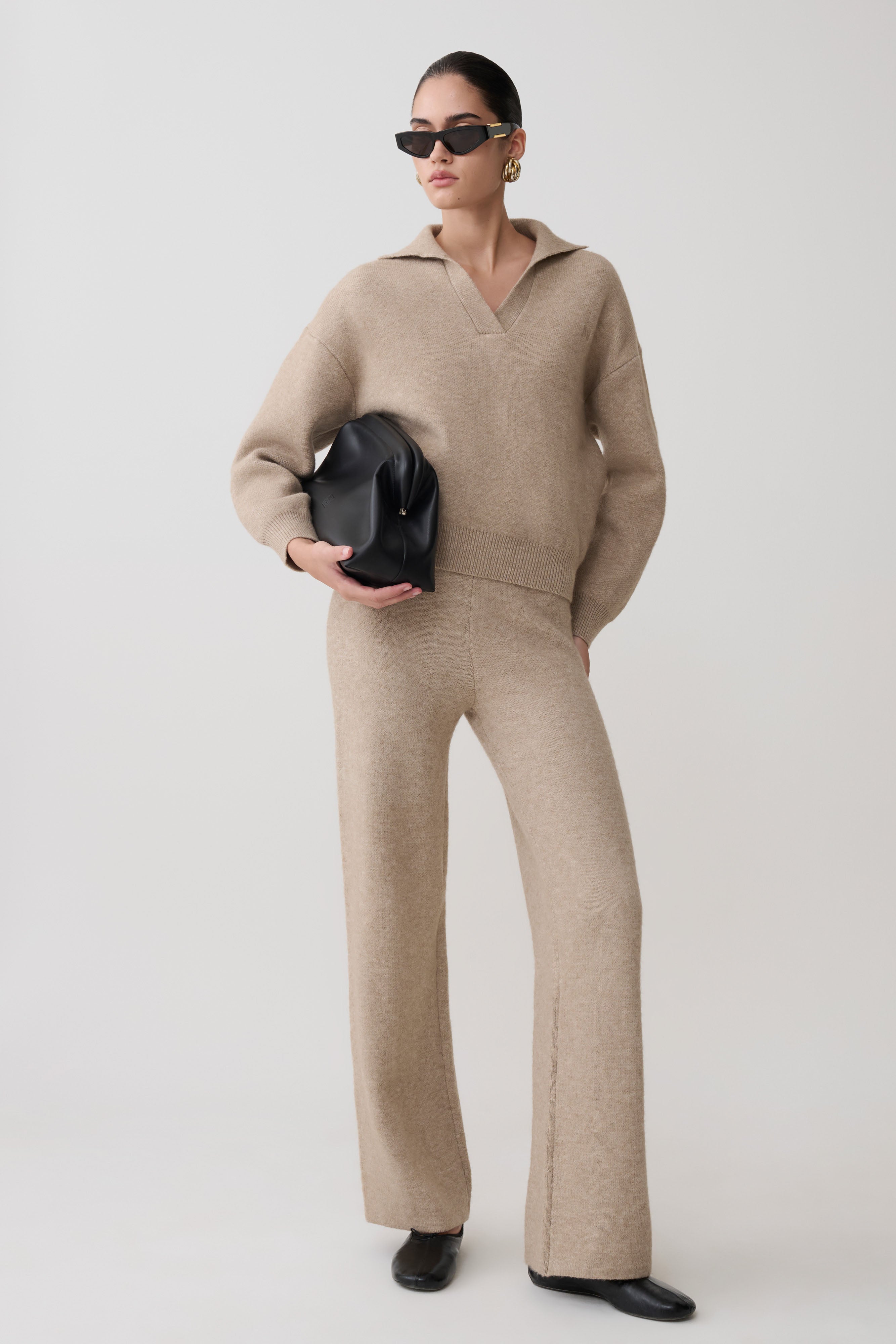 Evan Knit Wide Leg Pants - Beige Marle