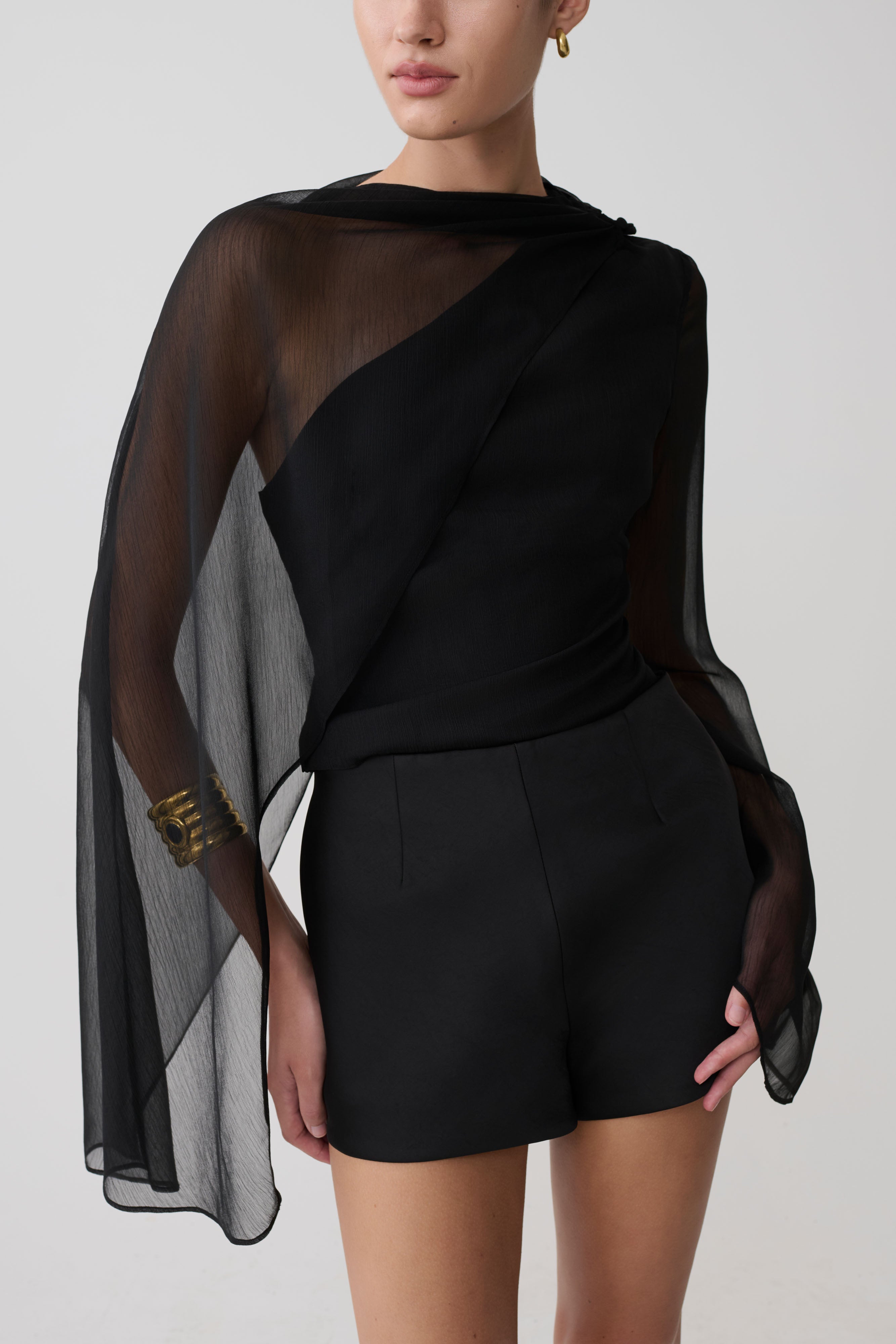 Ida Sheer Asymmetrical Long Sleeve Cape - Black