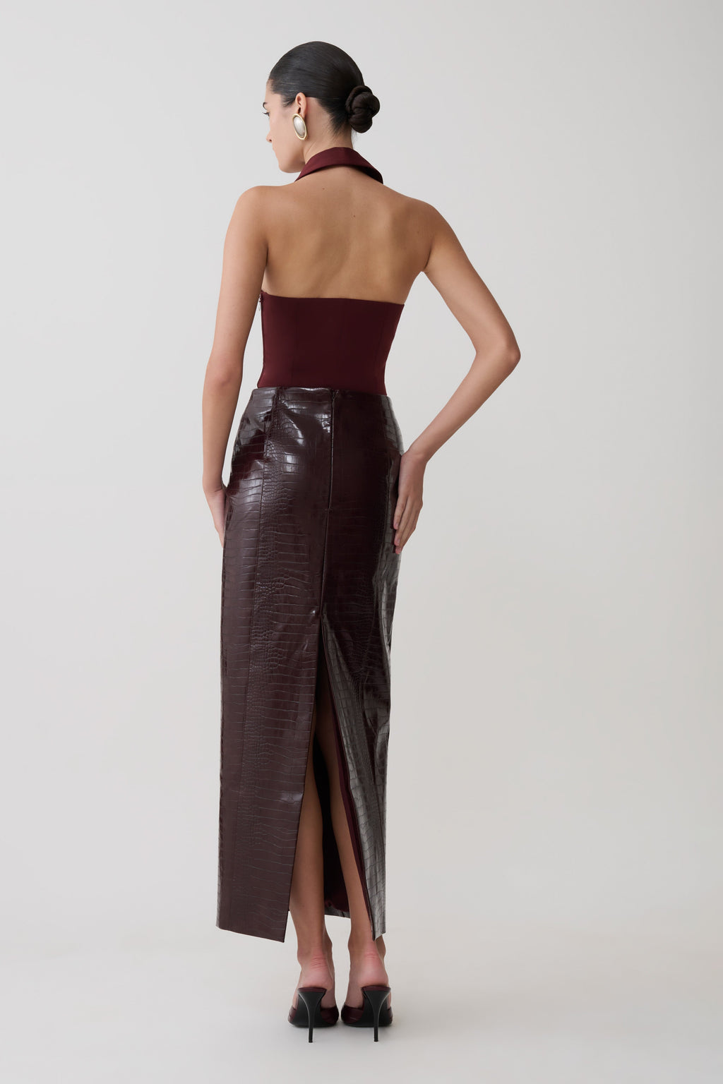 Thalia Croc Faux Leather Midi Skirt - Merlot