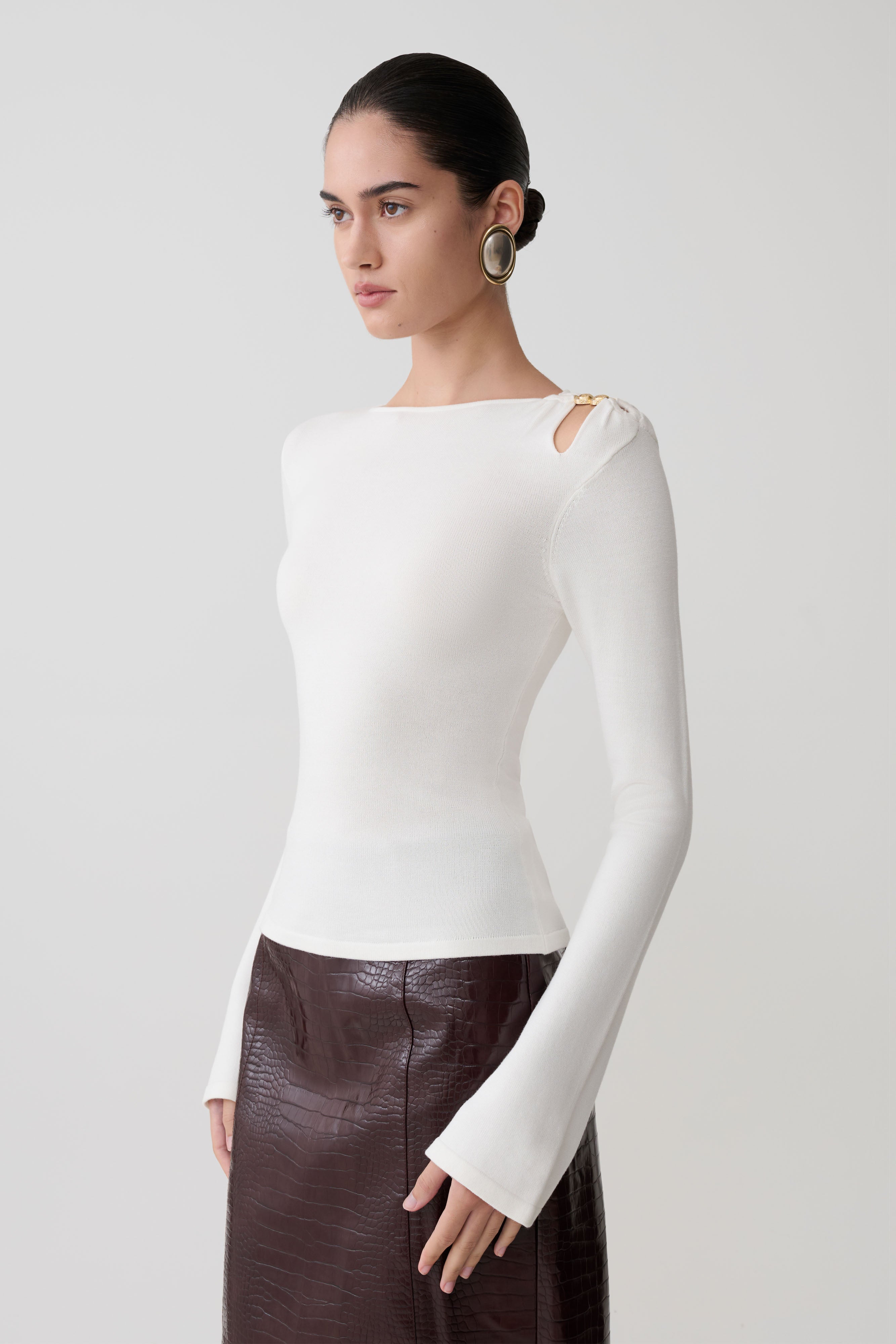 Ricky Knit Long Sleeve Longline Top - Ivory