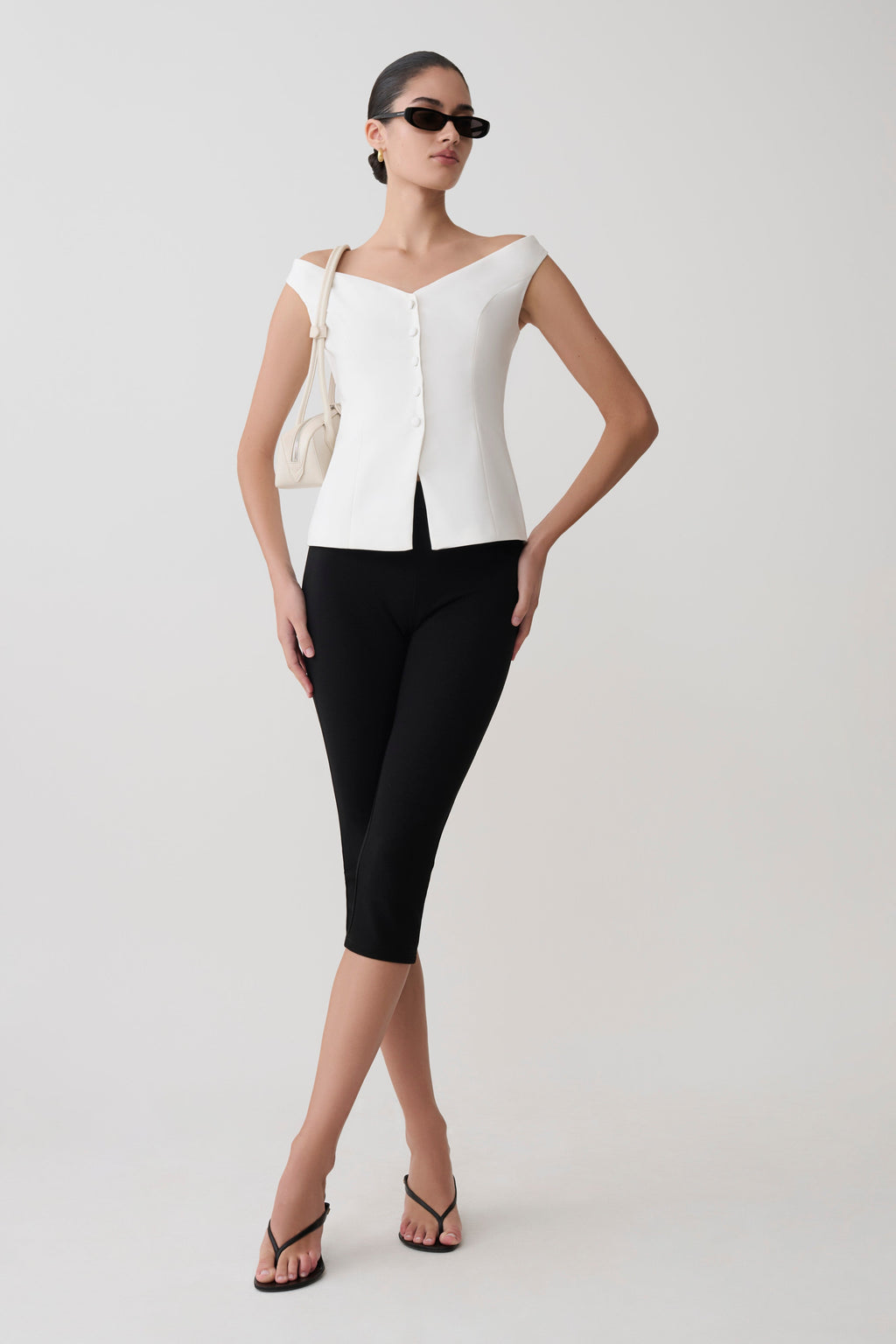 Billie Off Shoulder Sleeveless Button Top - White