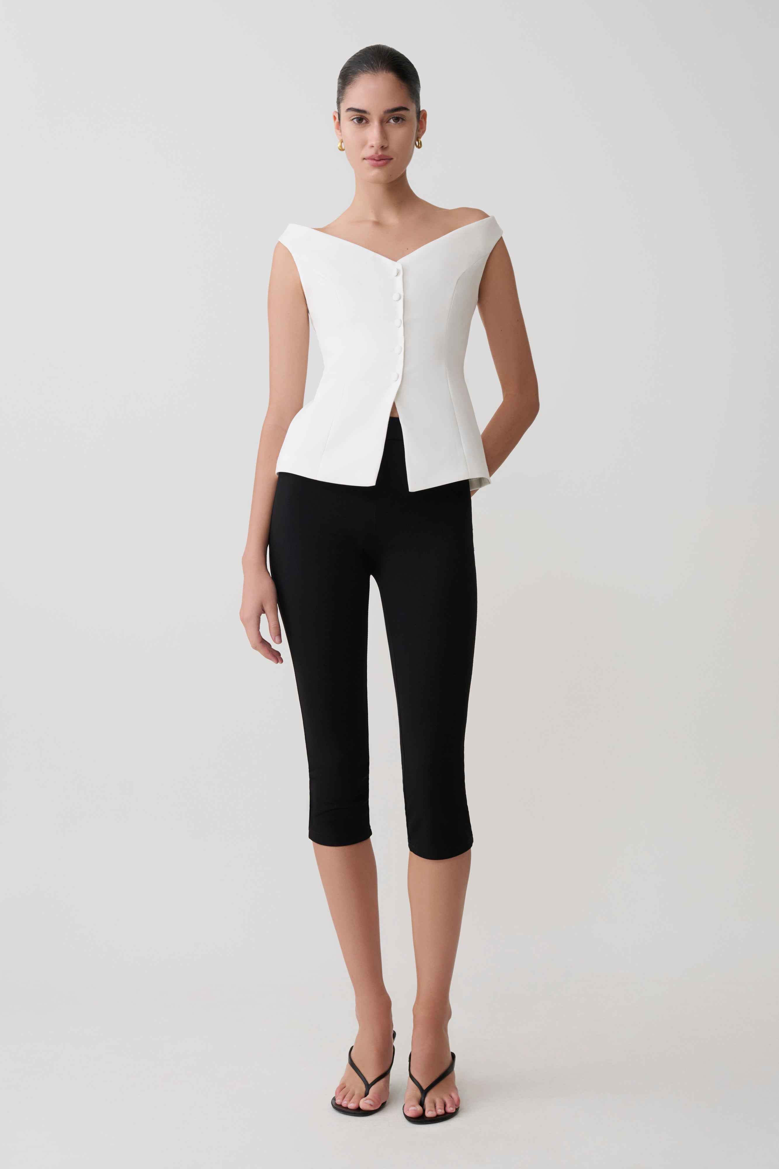 Billie Off Shoulder Sleeveless Button Top - White