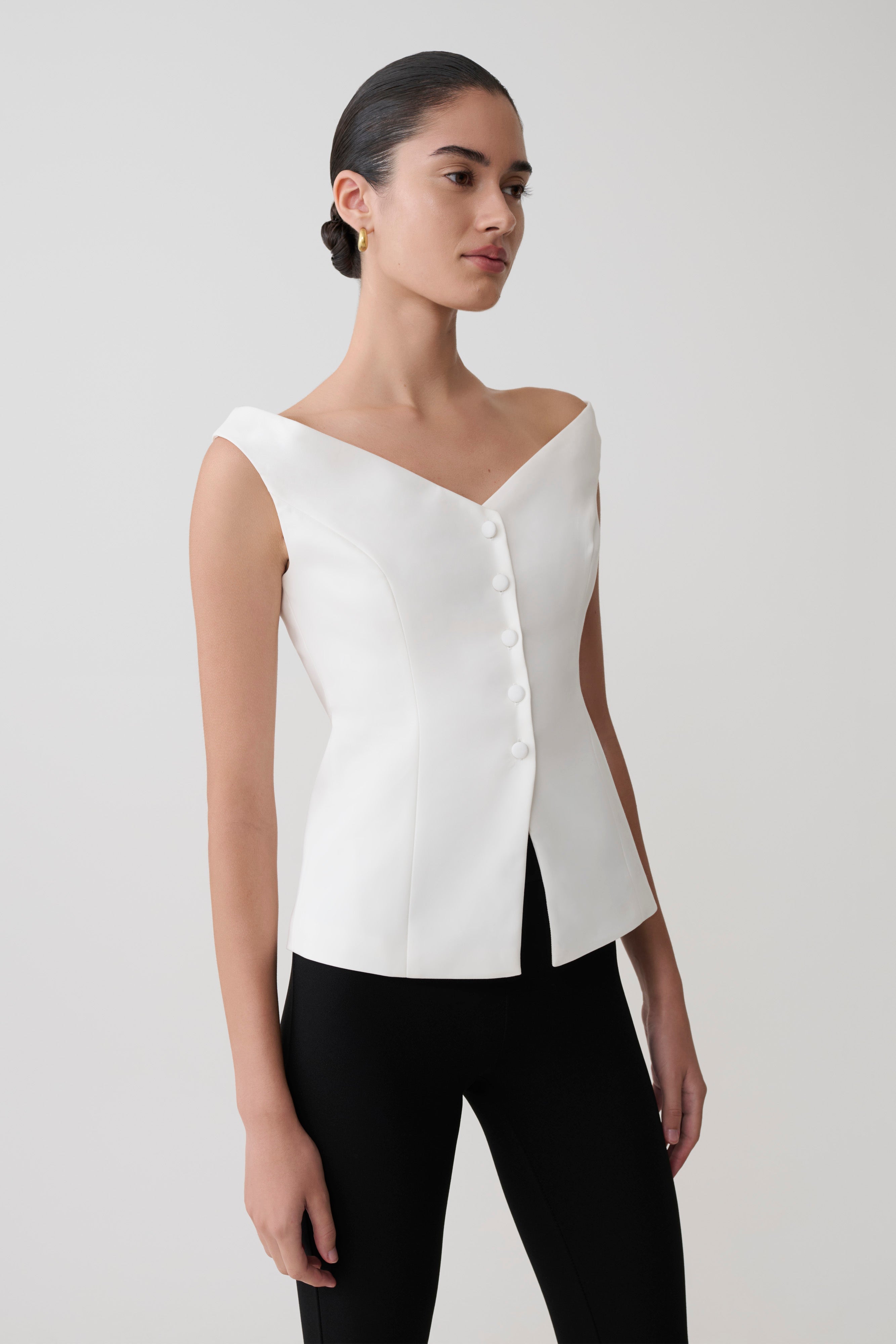 Billie Off Shoulder Sleeveless Button Top - White