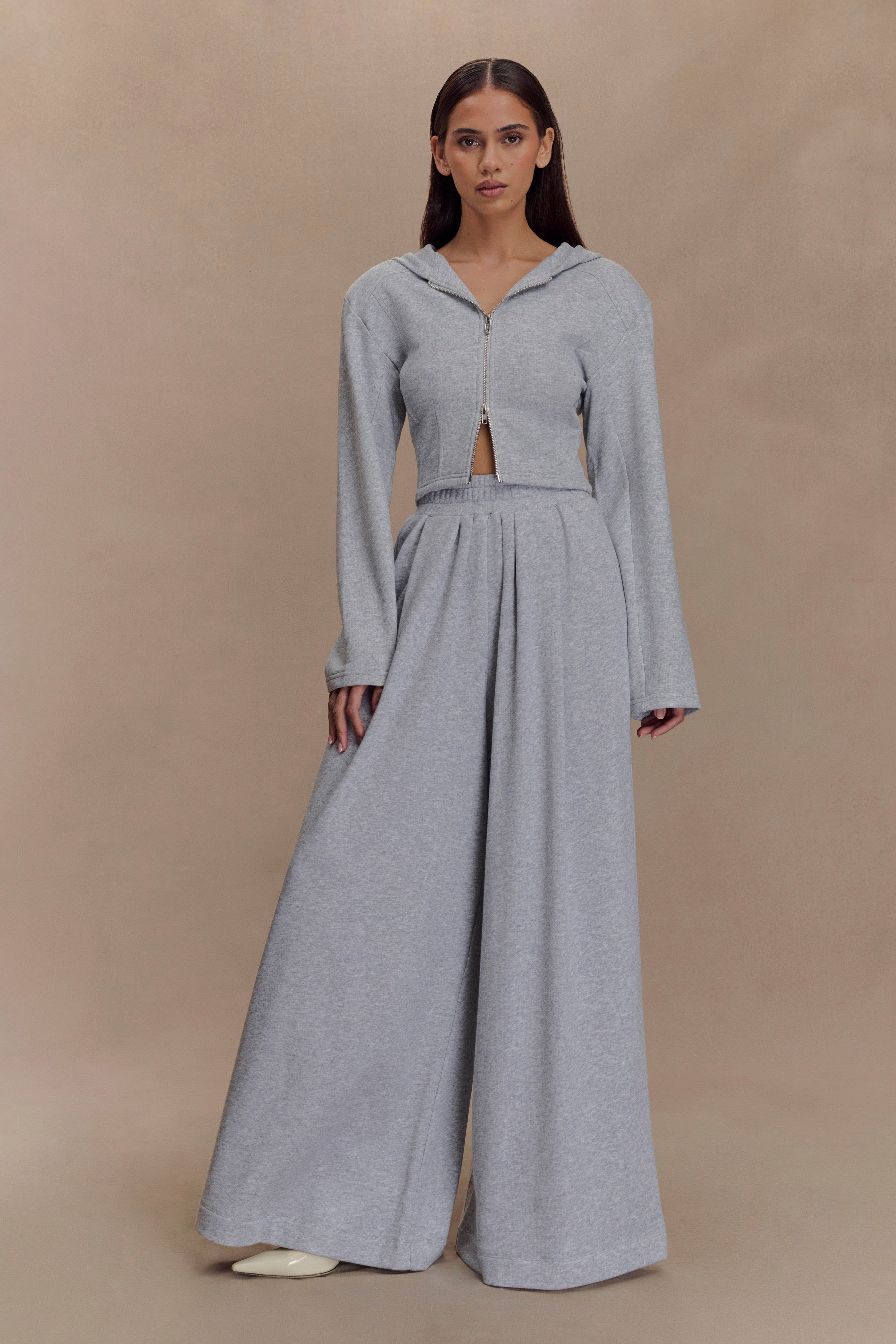 Aspen Gathered Wide Leg Jogger - Light Grey Marle