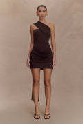Mattea Slinky And Mesh Mini Dress With Scarf - Dark Chocolate