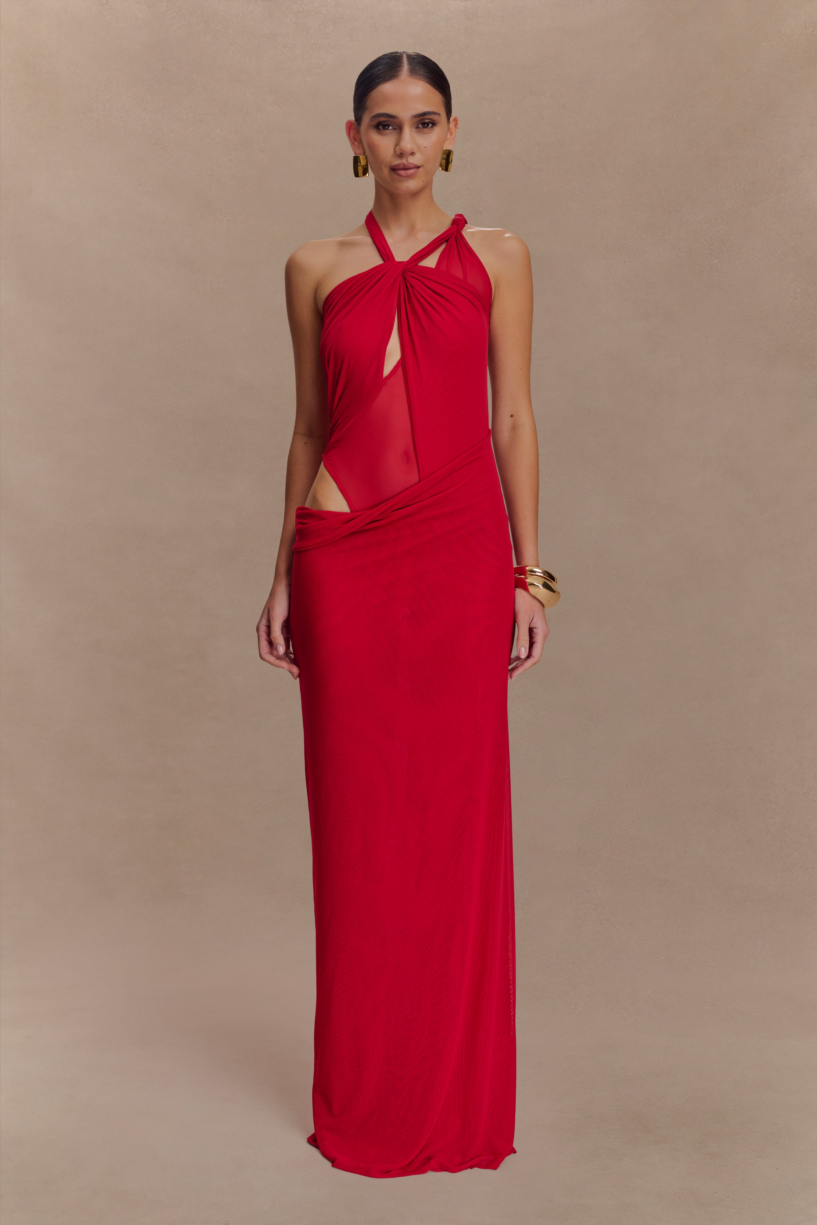 Edwina Knotted Mesh Maxi Dress - Red