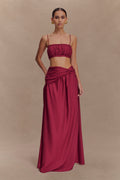 Scottie Gathered Linen Knot Maxi Skirt - Wine