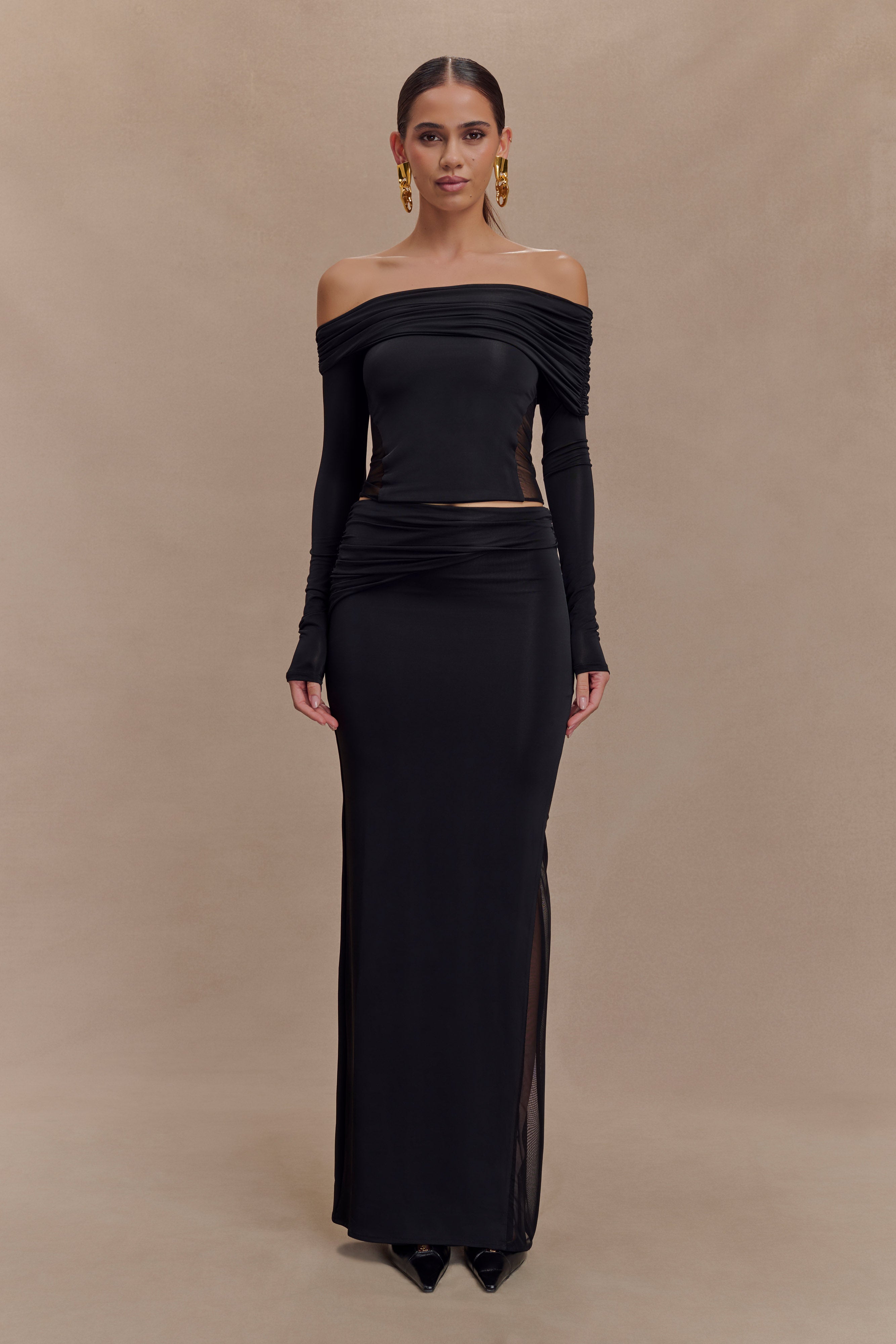 Judy Slinky And Mesh Off Shoulder Top - Black