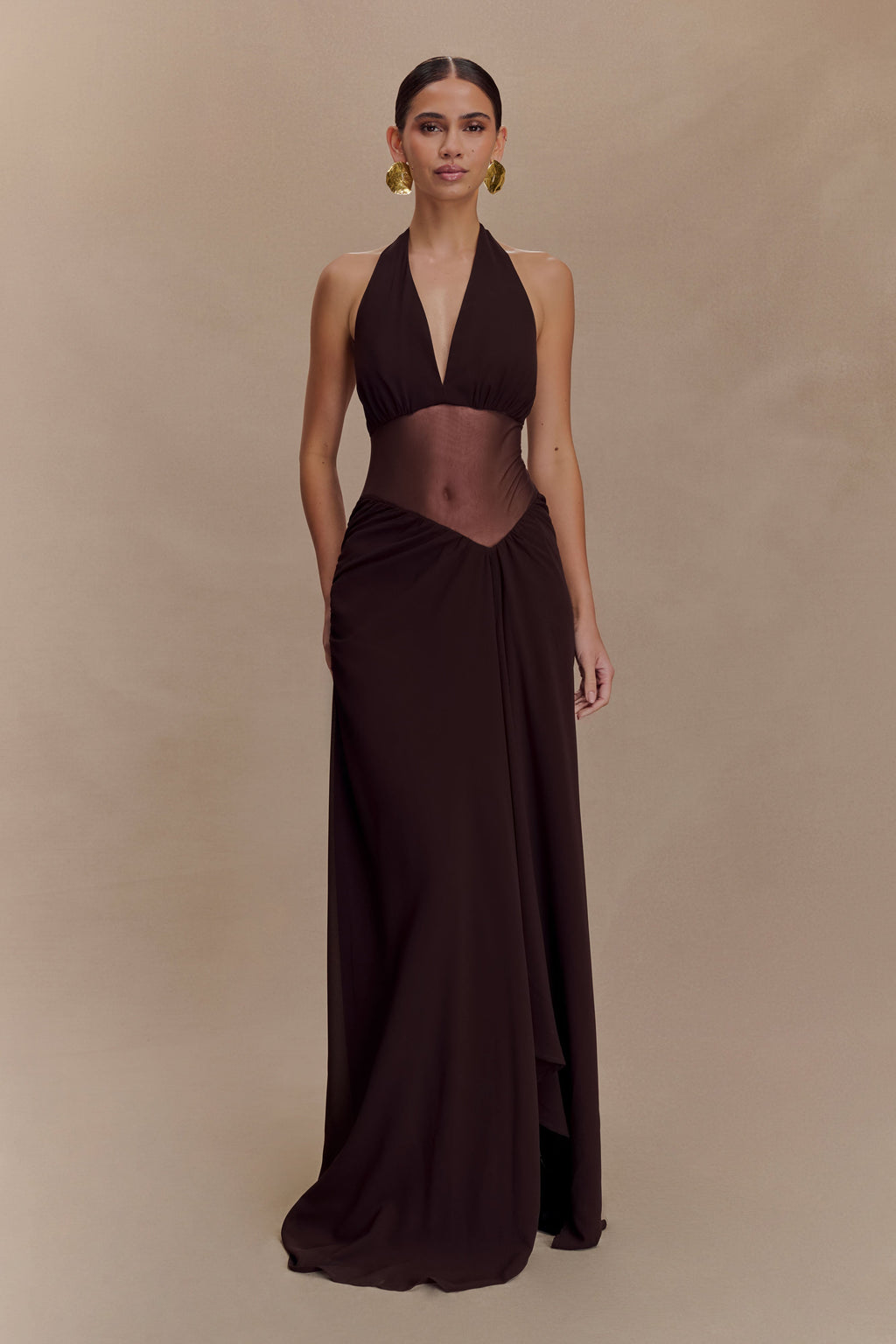 Jonna Chiffon And Mesh Maxi Dress - Dark Chocolate
