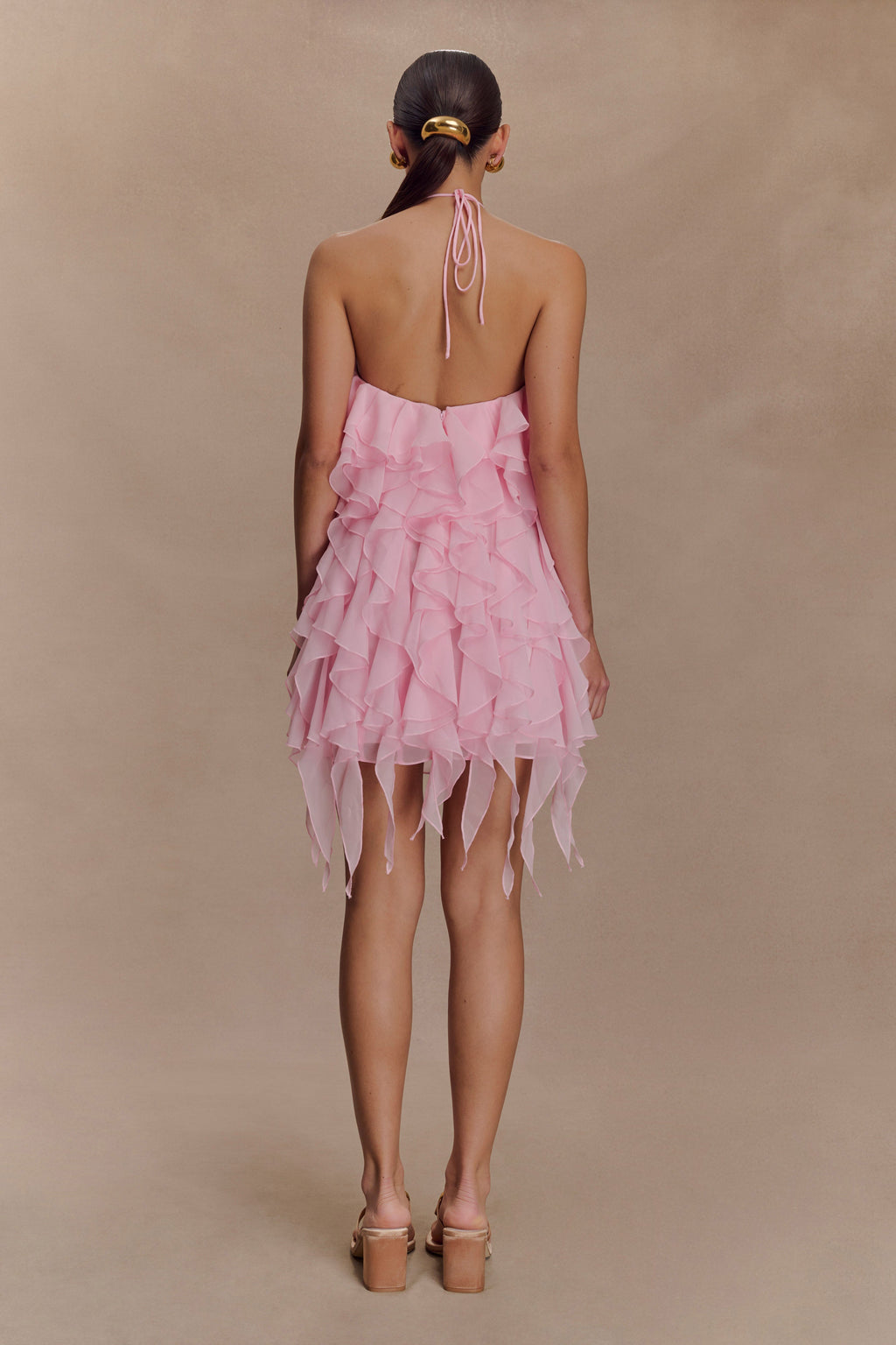 Marigold Ruffle Halter Mini Dress - Powder Pink