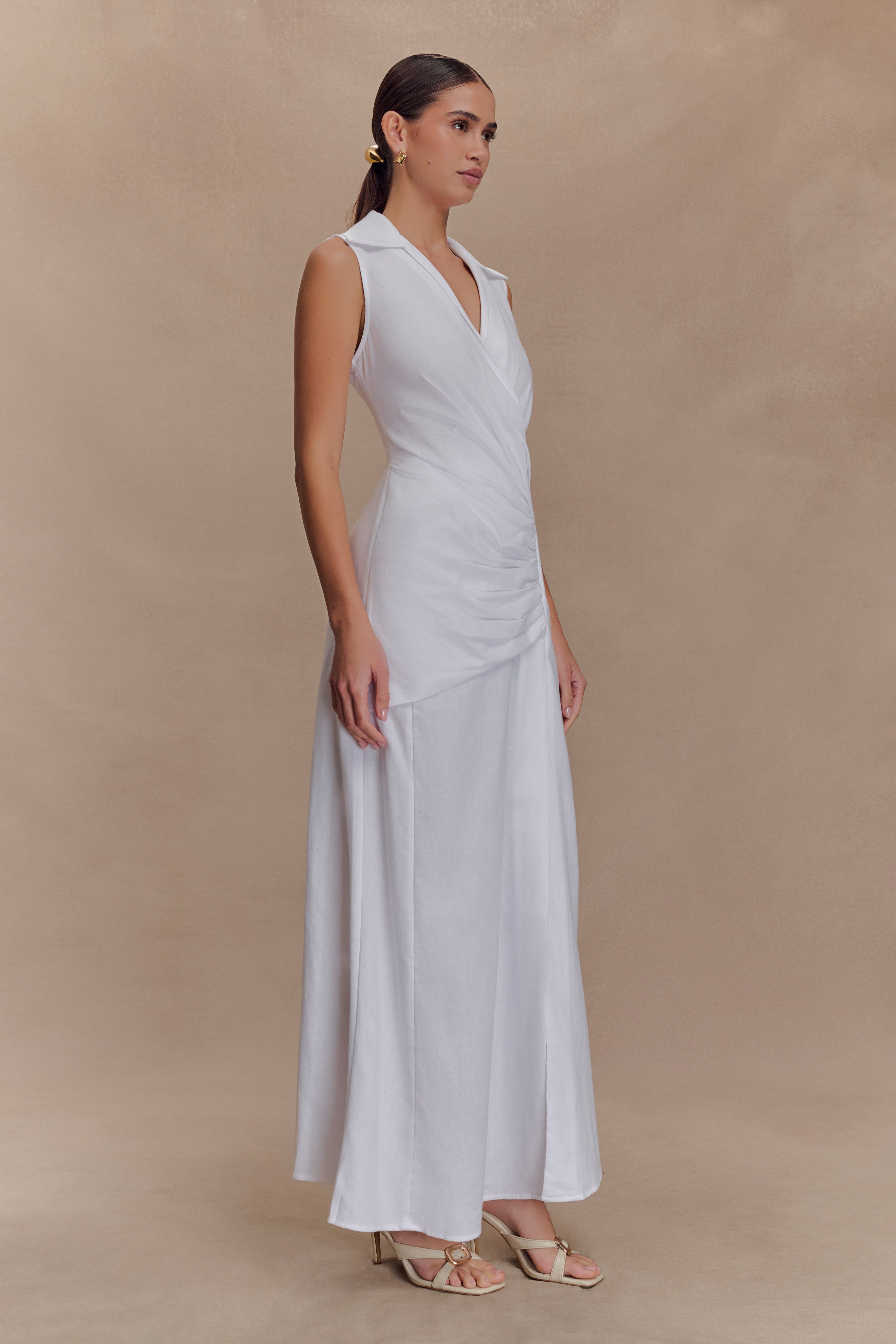 Dante Ruched Linen Midi Dress - White