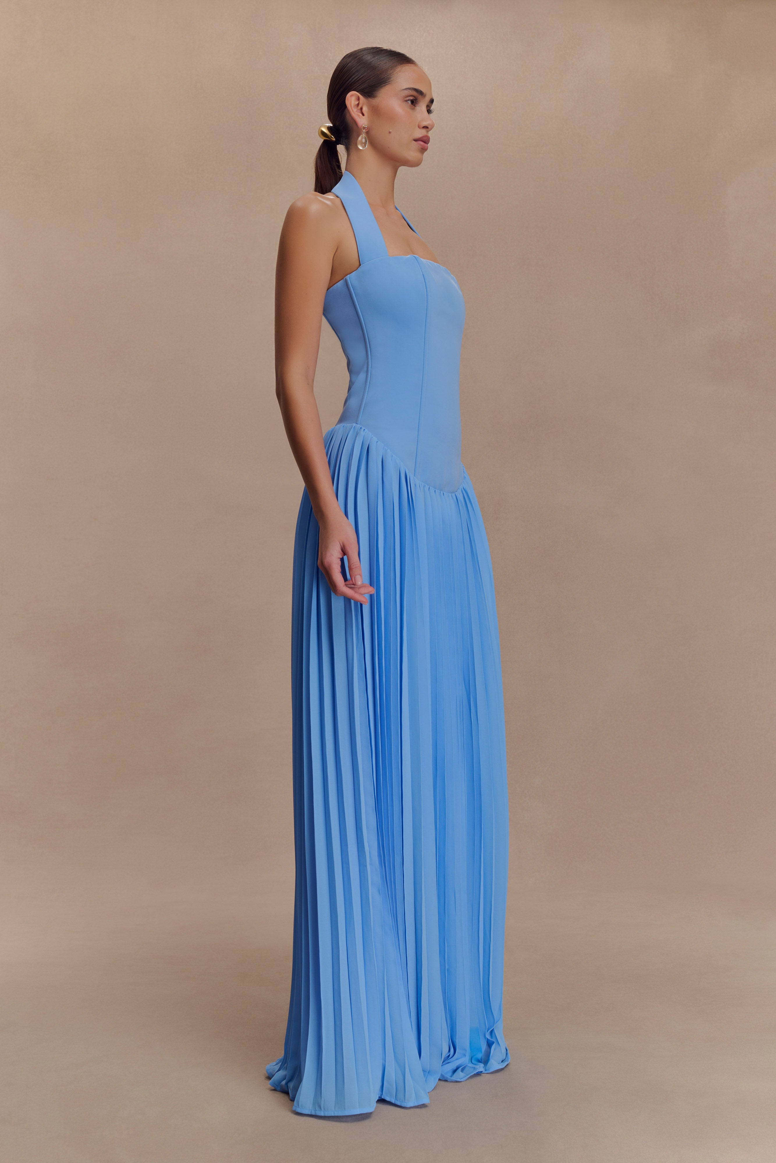 Stacie Pleated Halter Maxi Dress - Bright Blue