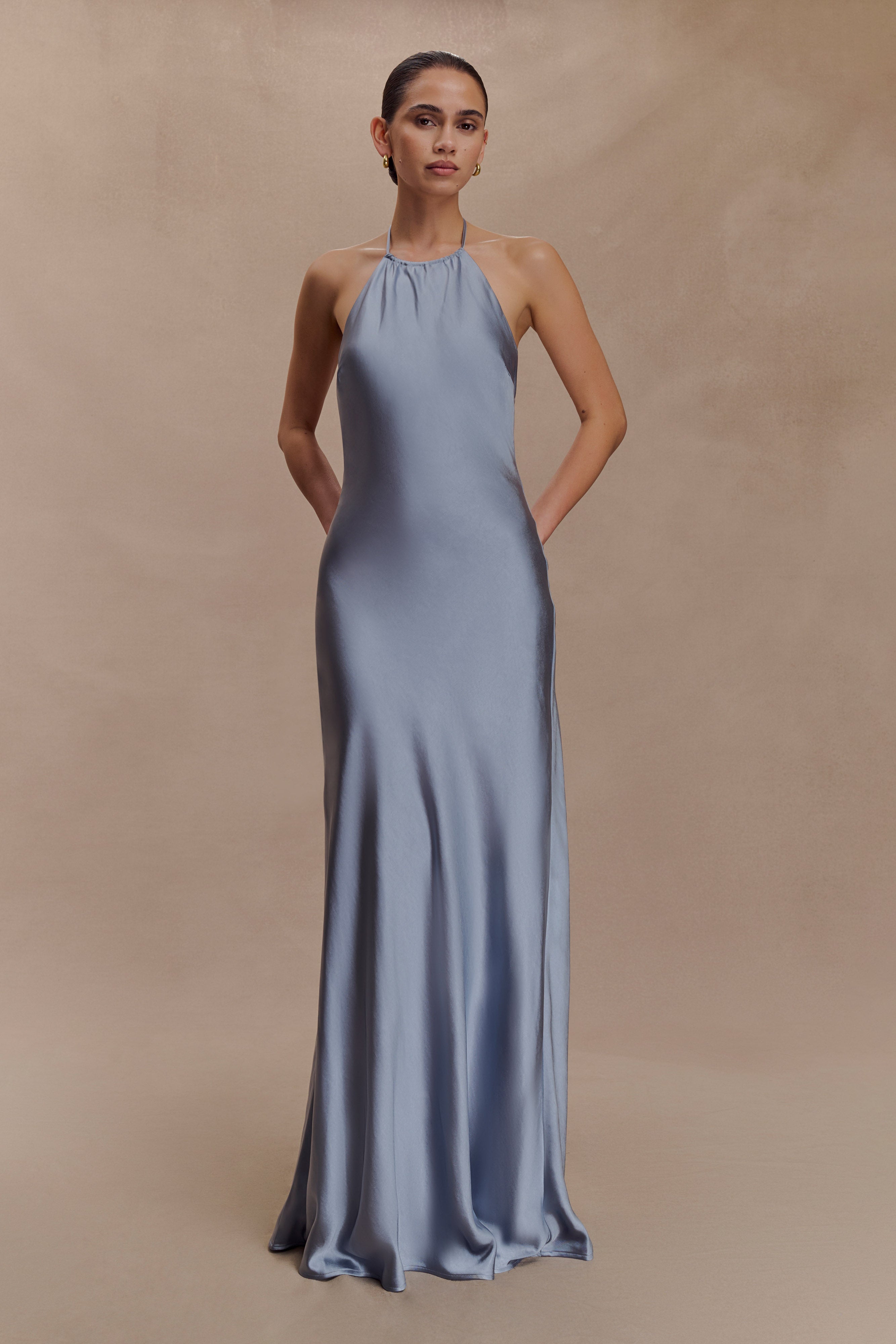Bella Satin Halter Maxi Dress - Frosted Blue