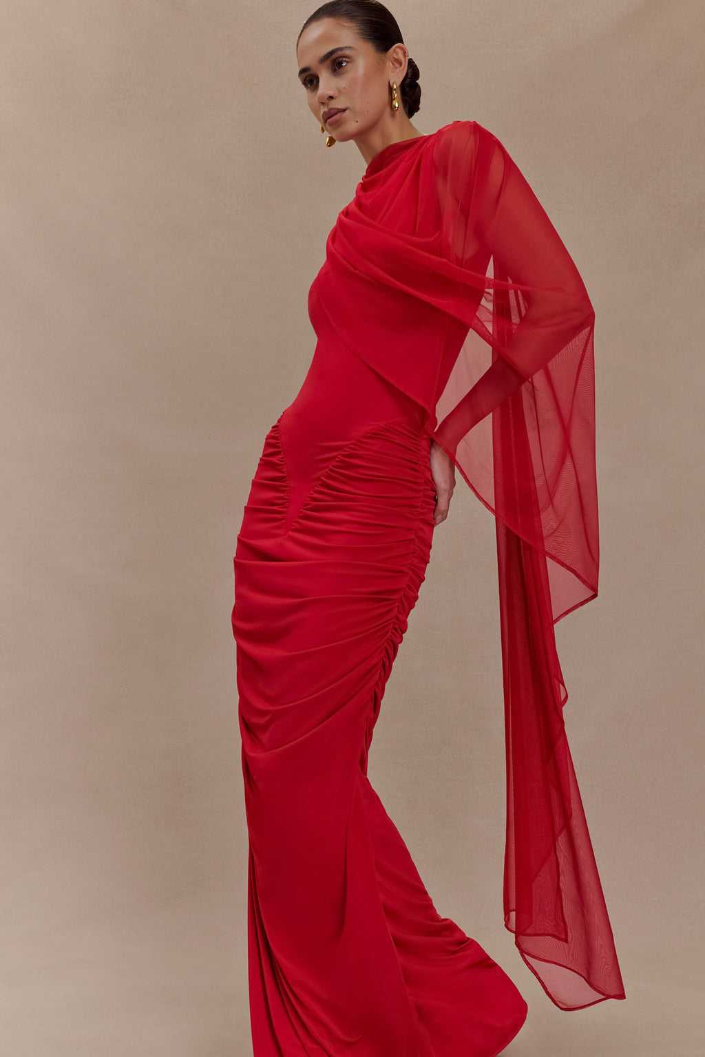 Amandine Ruched Slinky Maxi Dress - Ruby