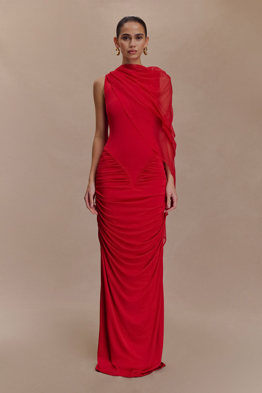 Amandine Ruched Slinky Maxi Dress - Ruby