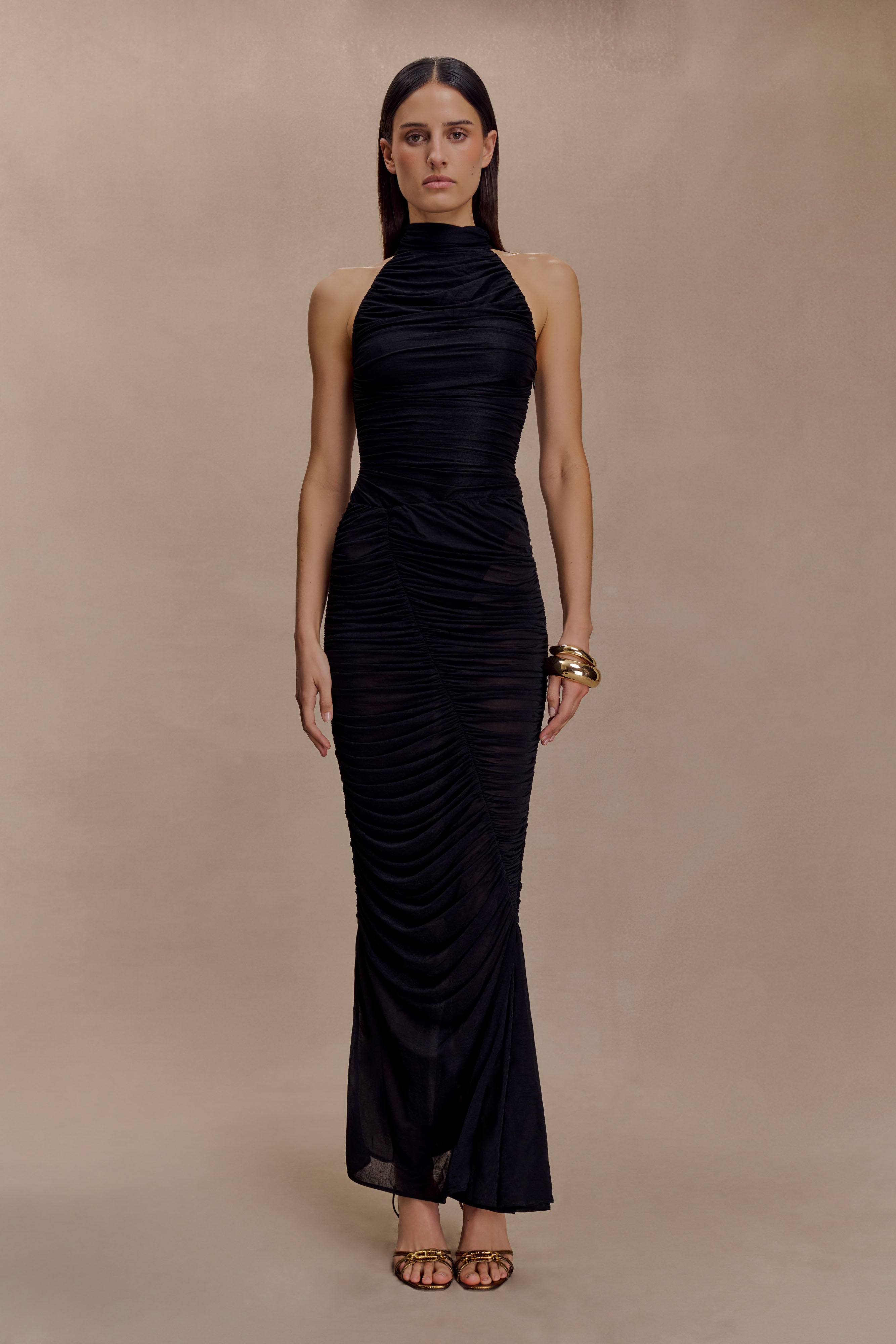 Matilda Ruched Mesh Maxi Skirt - Black