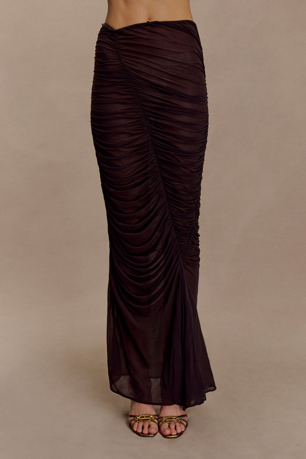 Matilda Ruched Mesh Maxi Skirt - Chocolate