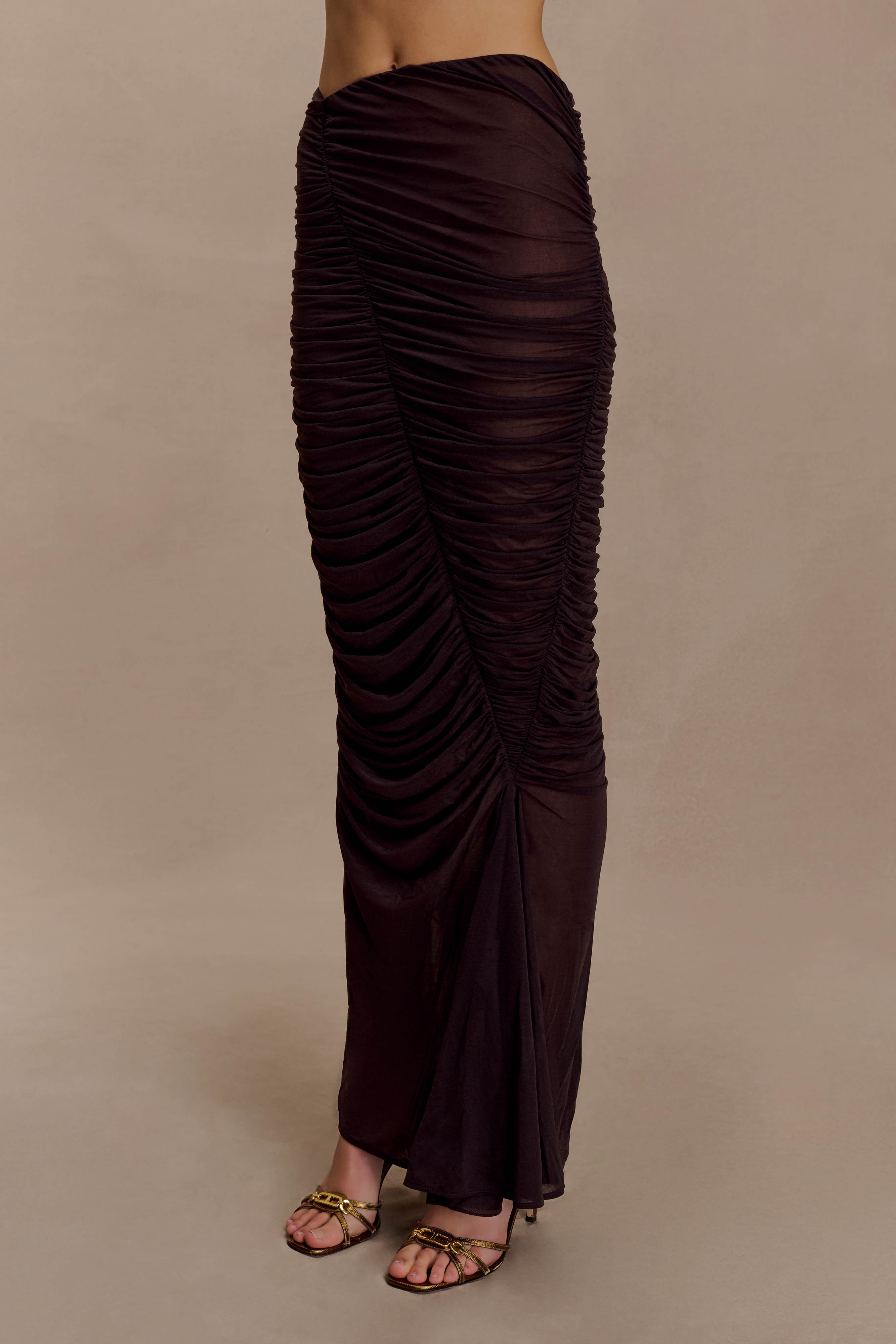 Matilda Ruched Mesh Maxi Skirt - Chocolate