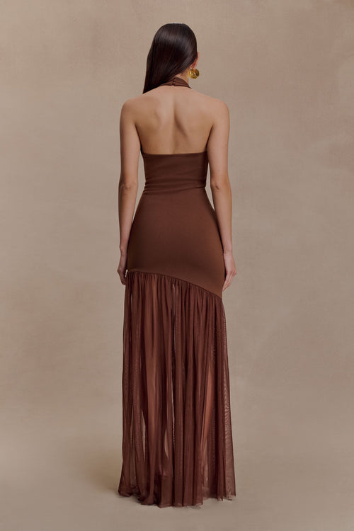 Aubree Crepe And Mesh Maxi Dress - Chocolate/Mocha