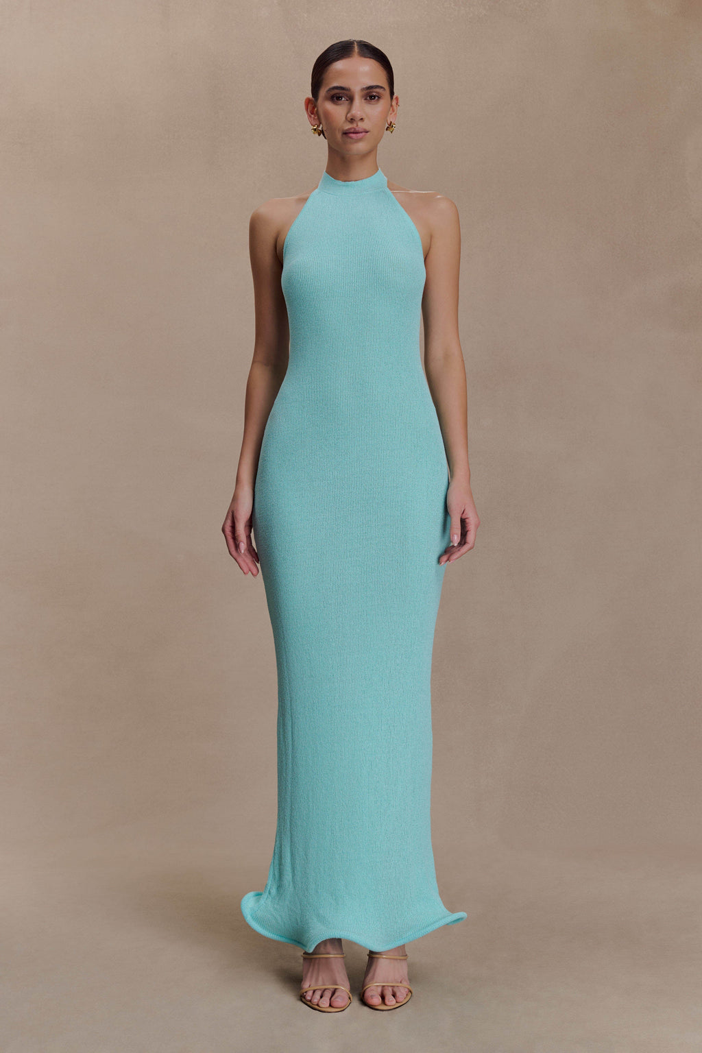 Melodie Halter Knit Maxi Dress - Cyan Blue