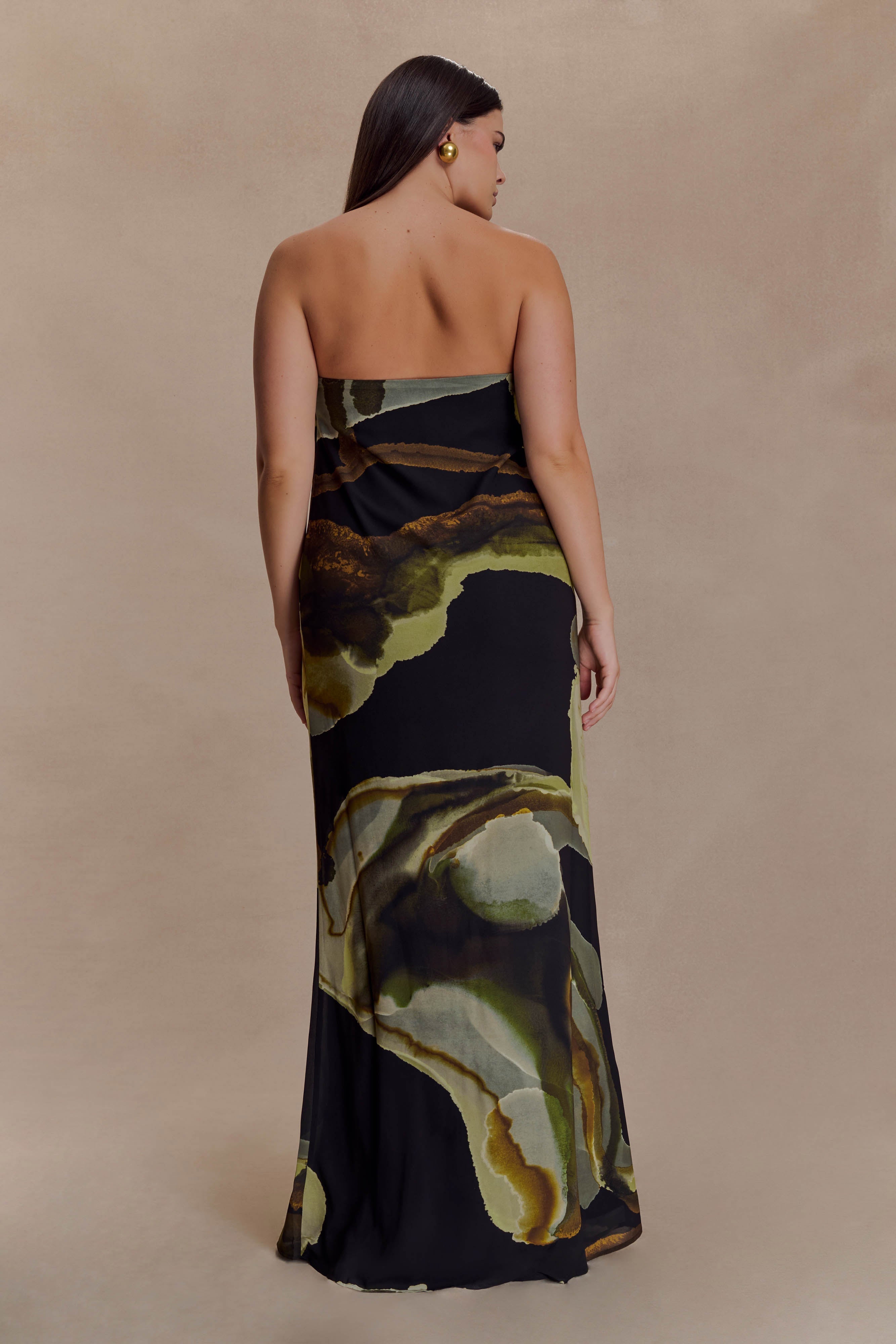 Amaya Strapless Chiffon Maxi Dress - Green Fluid Reverie Print