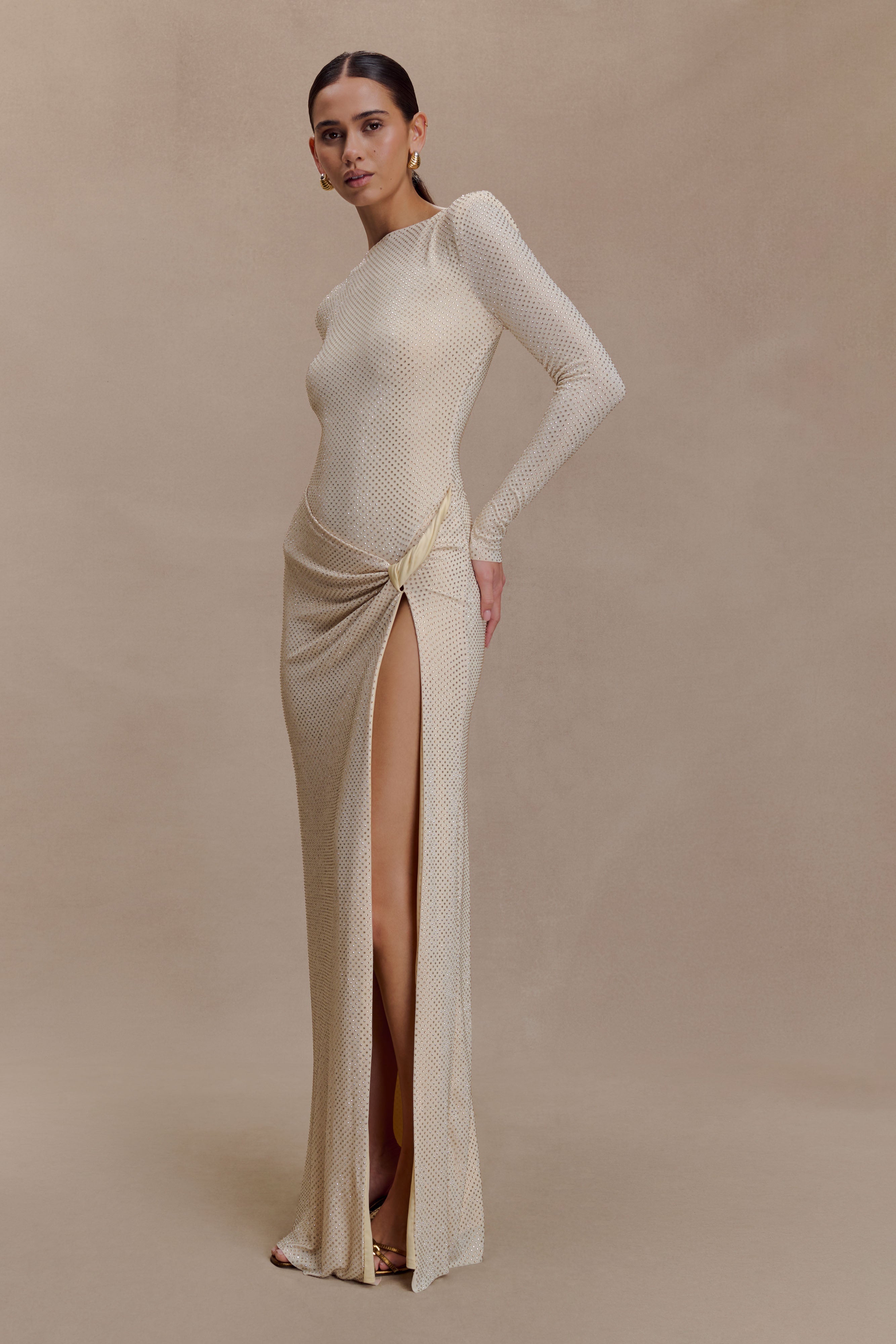 Deanna Long Sleeve Diamante Maxi Dress - Gold