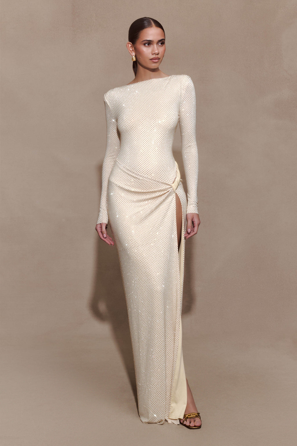 Deanna Long Sleeve Diamante Maxi Dress - Gold