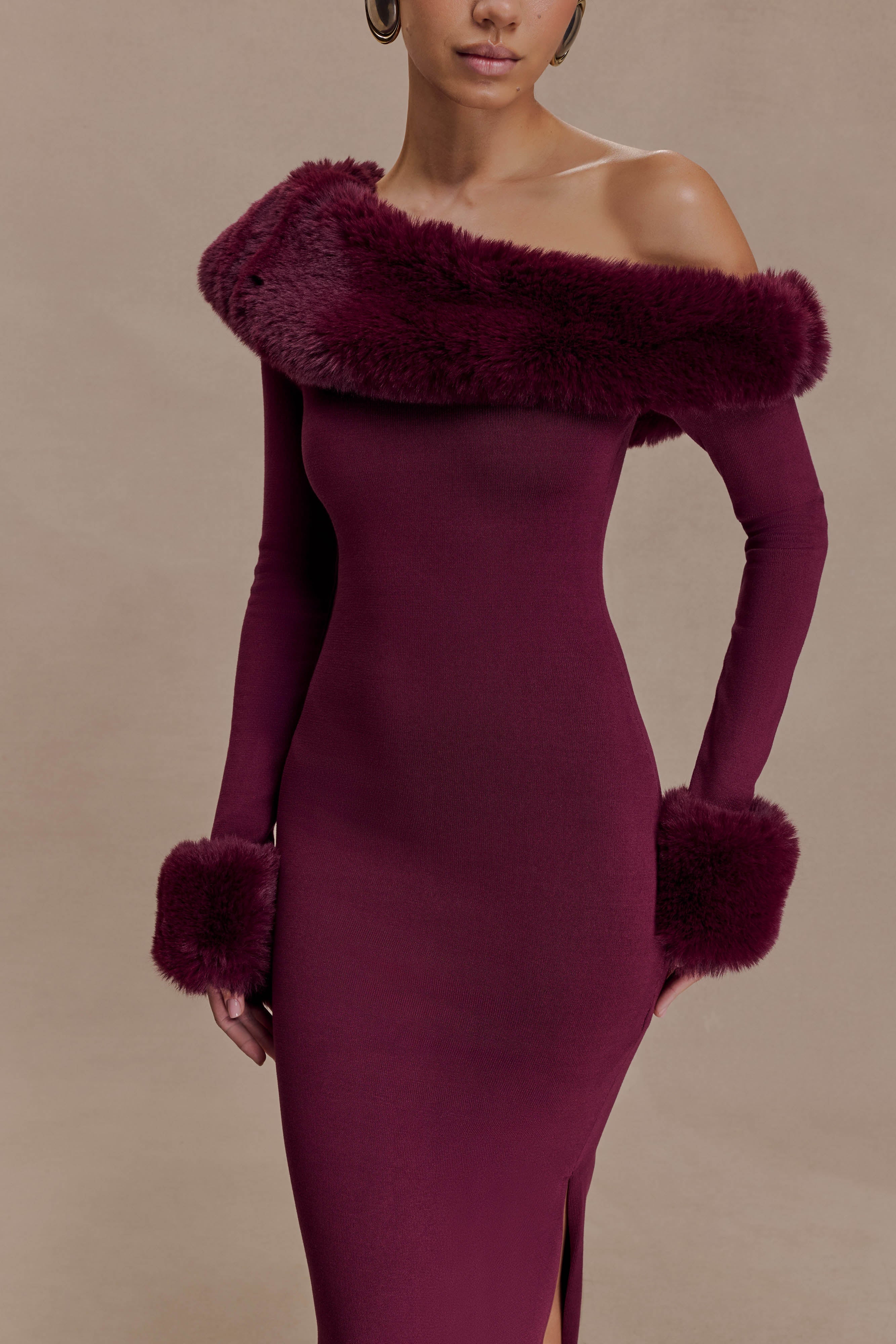 Karleigh Faux Fur Knit Maxi Dress - Plum