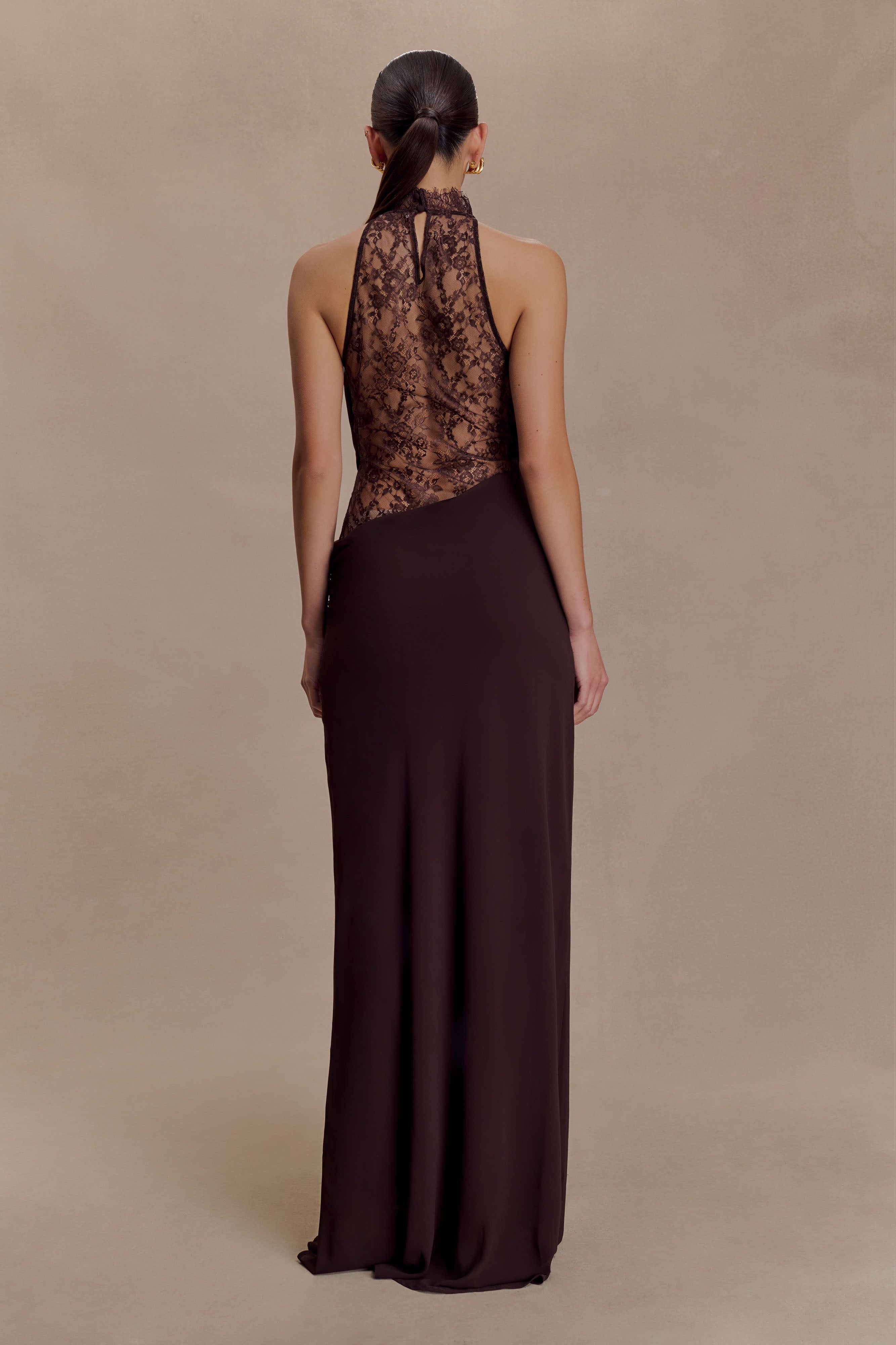 Arra Chiffon And Lace Halter Maxi Dress - Cacao Brown