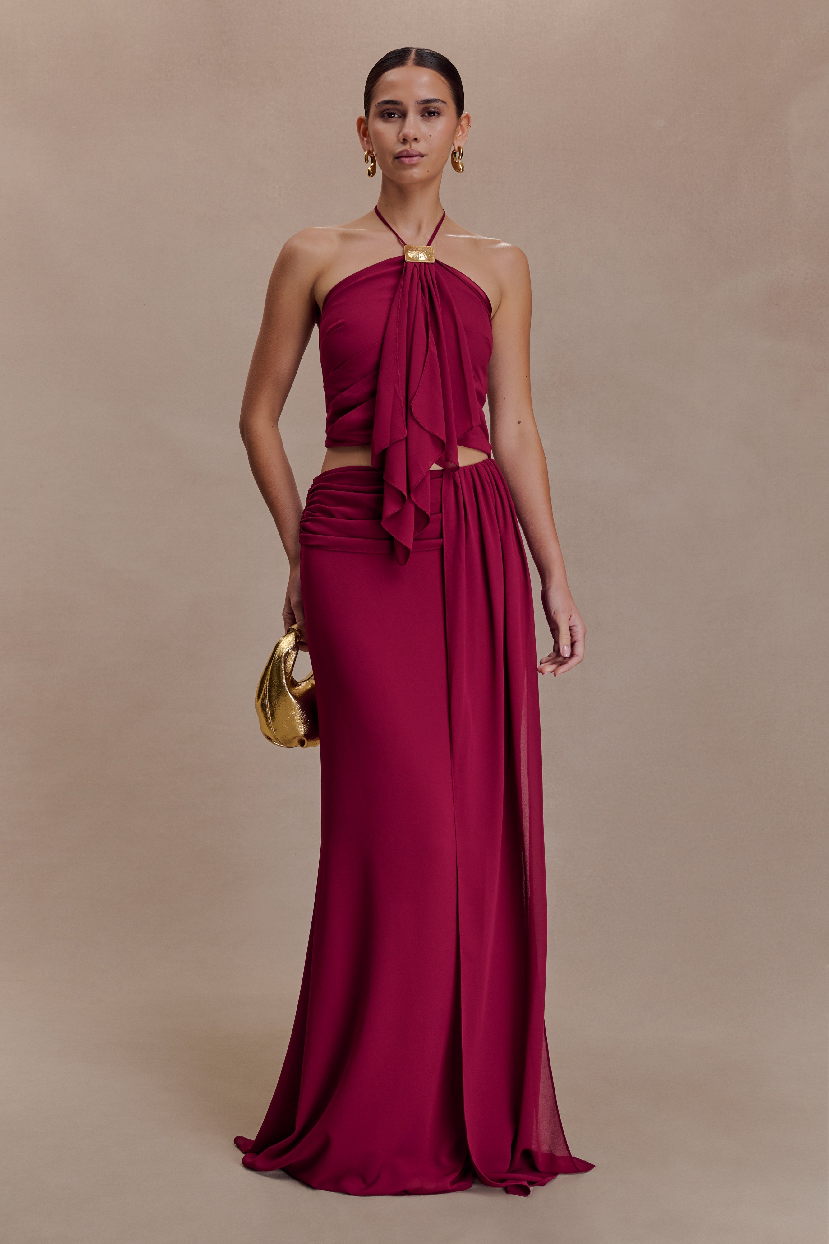 Celina Chiffon Halter Top With Hardware - Cherry Red