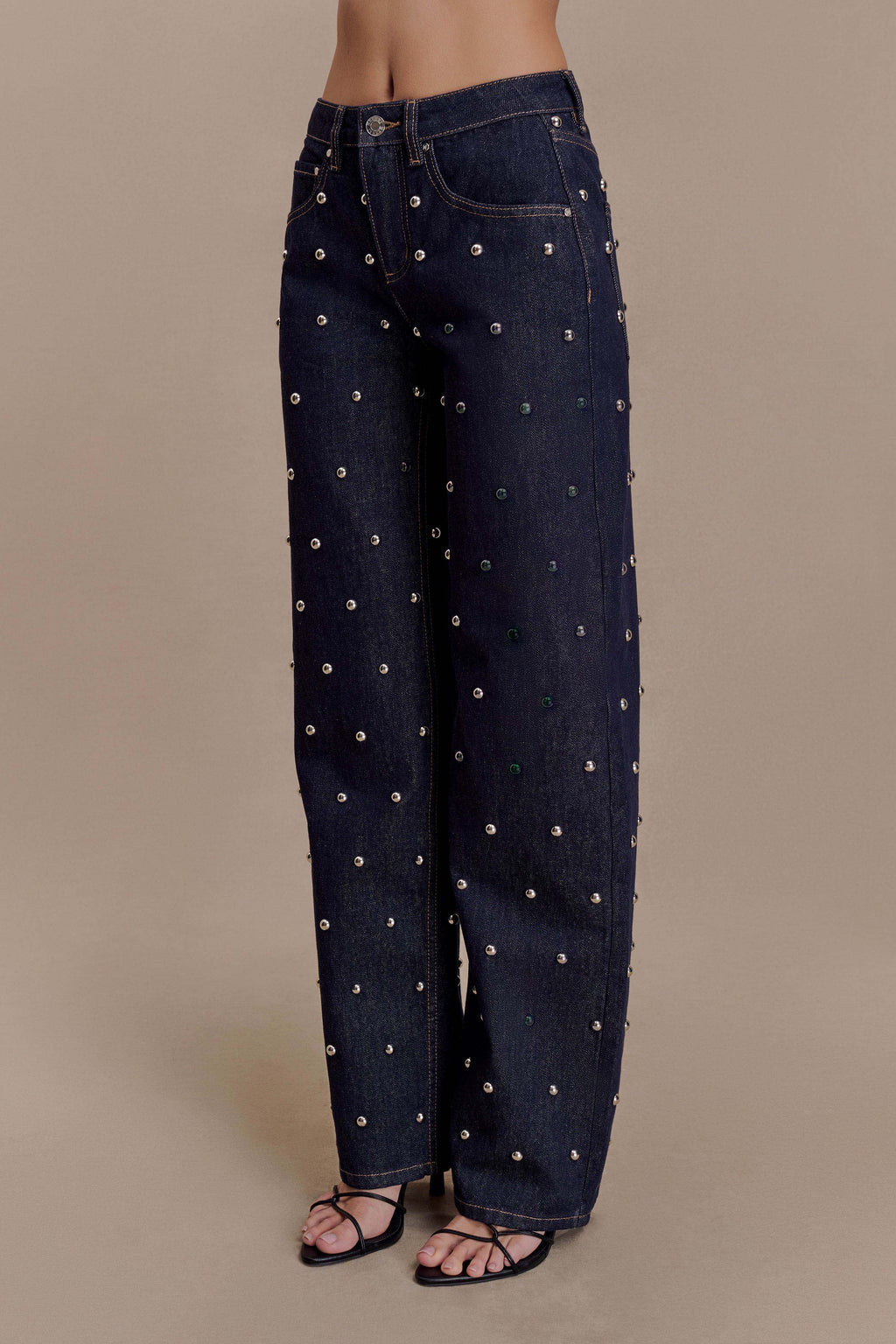 Alima Mid Rise Stud Denim Jeans - Washed Indigo Blue