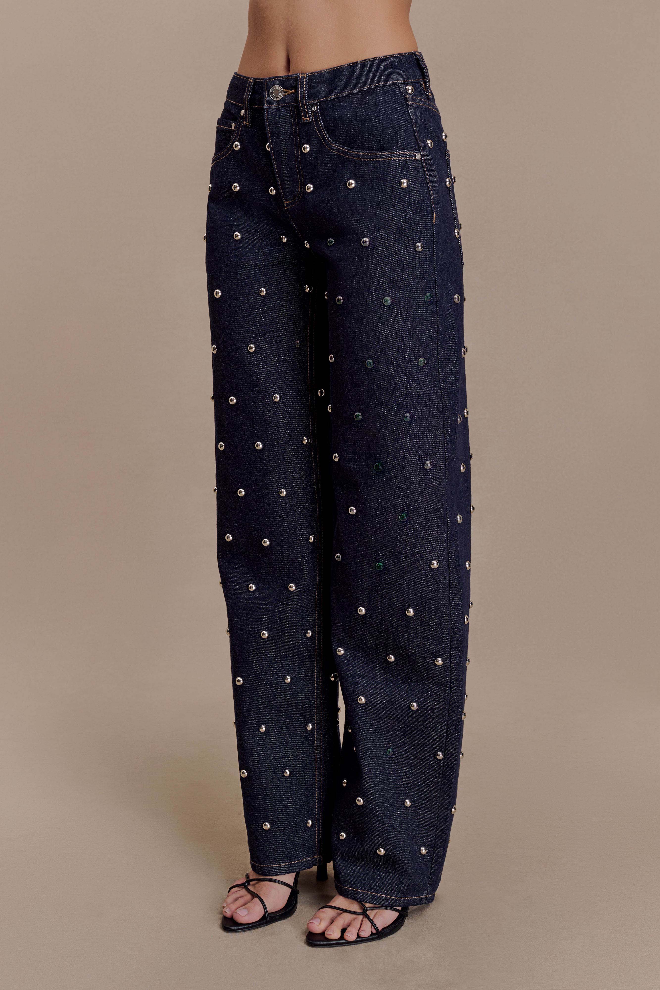 Alima Mid Rise Stud Denim Jeans - Washed Indigo Blue